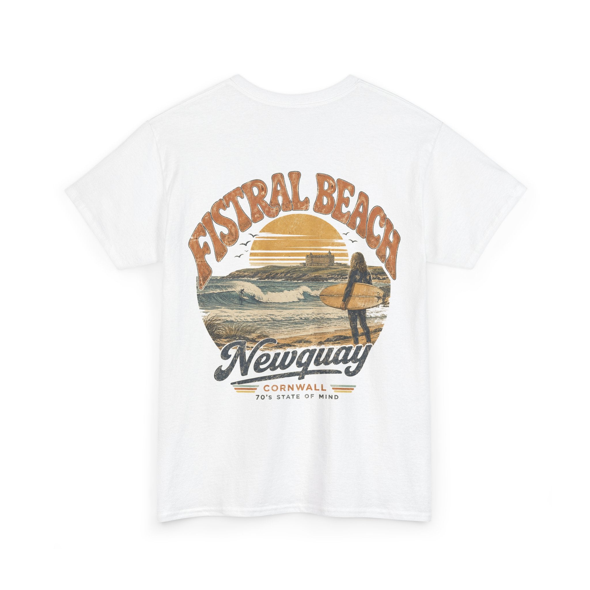 Fistral Beach '70's Surf Tee — Small Surfboard Cross Logo T-Shirt
