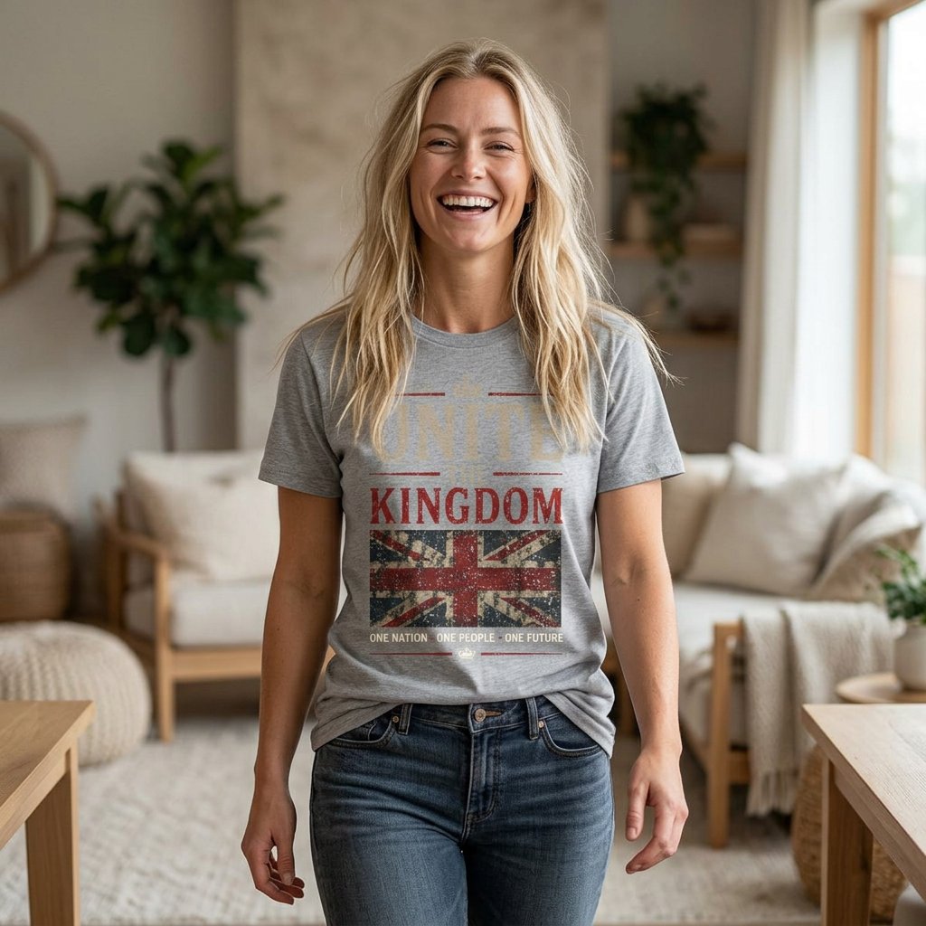 Womans Unite the Kingdom T-Shirt — Vintage Union Jack & Crest Tee ("Together We Stand, Divided We Fall")