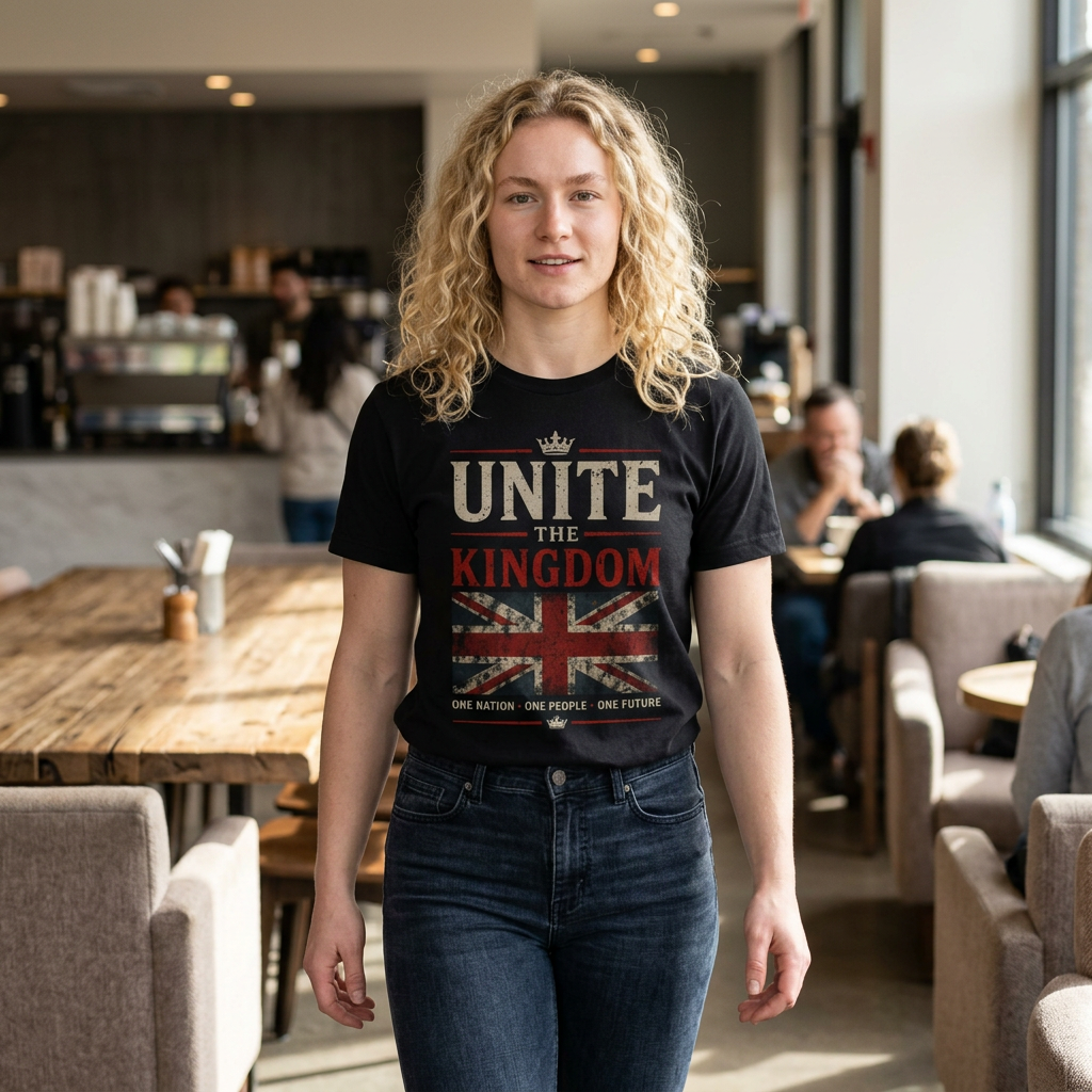 Womans Unite the Kingdom T-Shirt — Vintage Union Jack & Crest Tee ("Together We Stand, Divided We Fall")