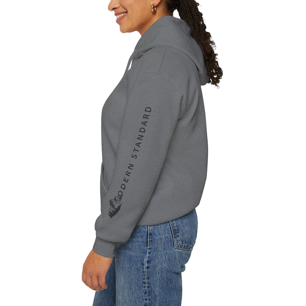 Modern Standard MS Logo Hoodie — Minimal White Pullover with Sleeve Graphic