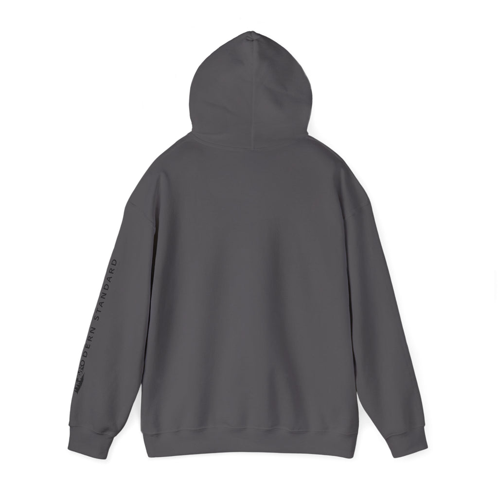 Modern Standard MS Logo Hoodie — Minimal White Pullover with Sleeve Graphic