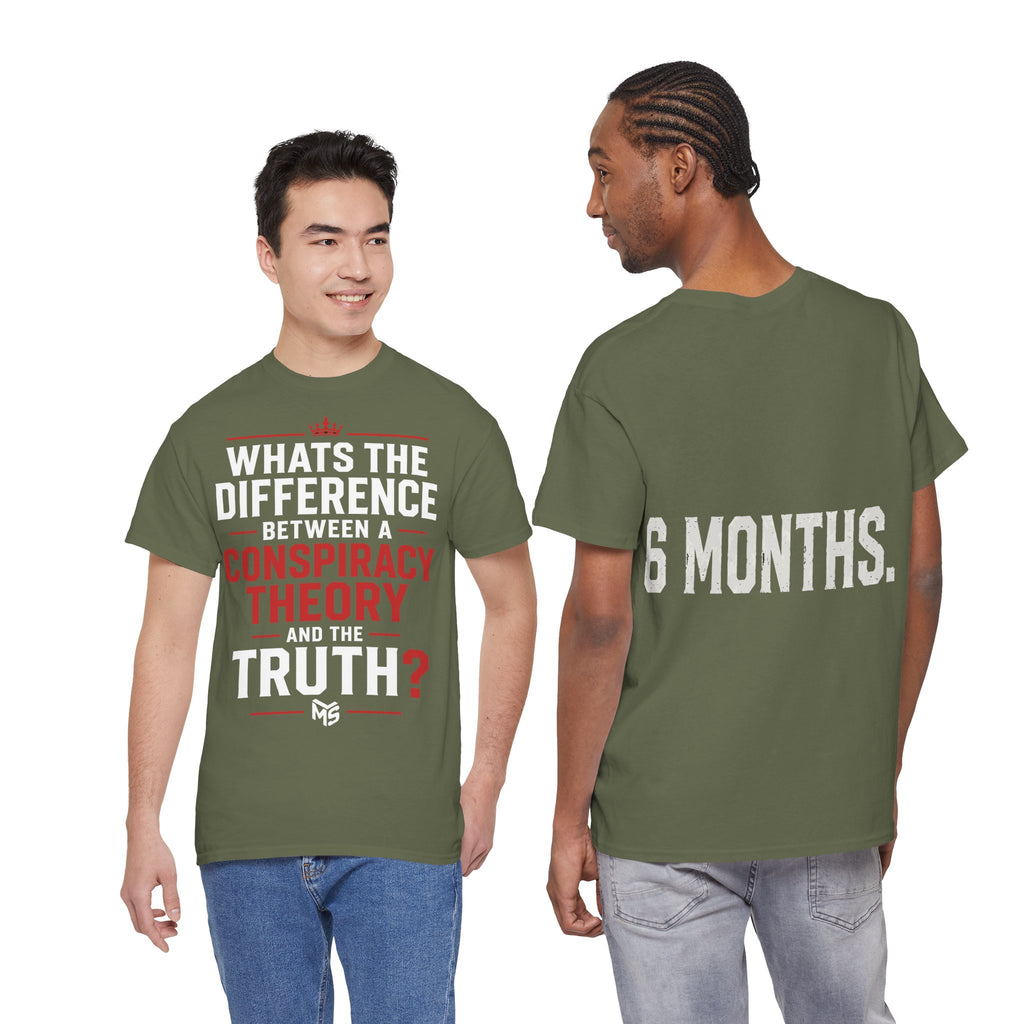 Conspiracy Theory Tee — Vintage Red Text Graphic T-Shirt (Back: “6 Months.”)