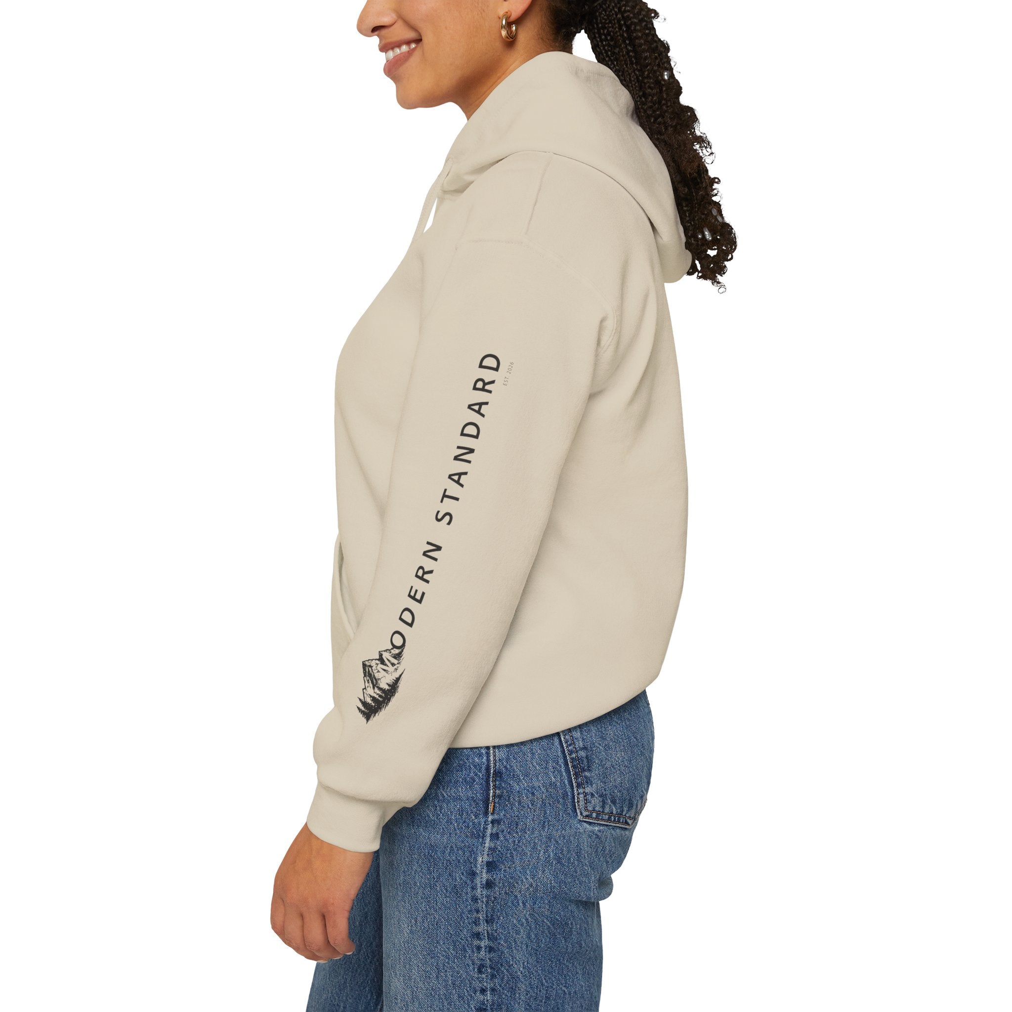 Modern Standard MS Logo Hoodie — Minimal White Pullover with Sleeve Graphic