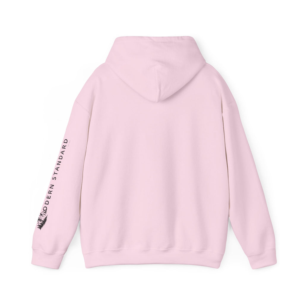 Modern Standard MS Logo Hoodie — Minimal White Pullover with Sleeve Graphic