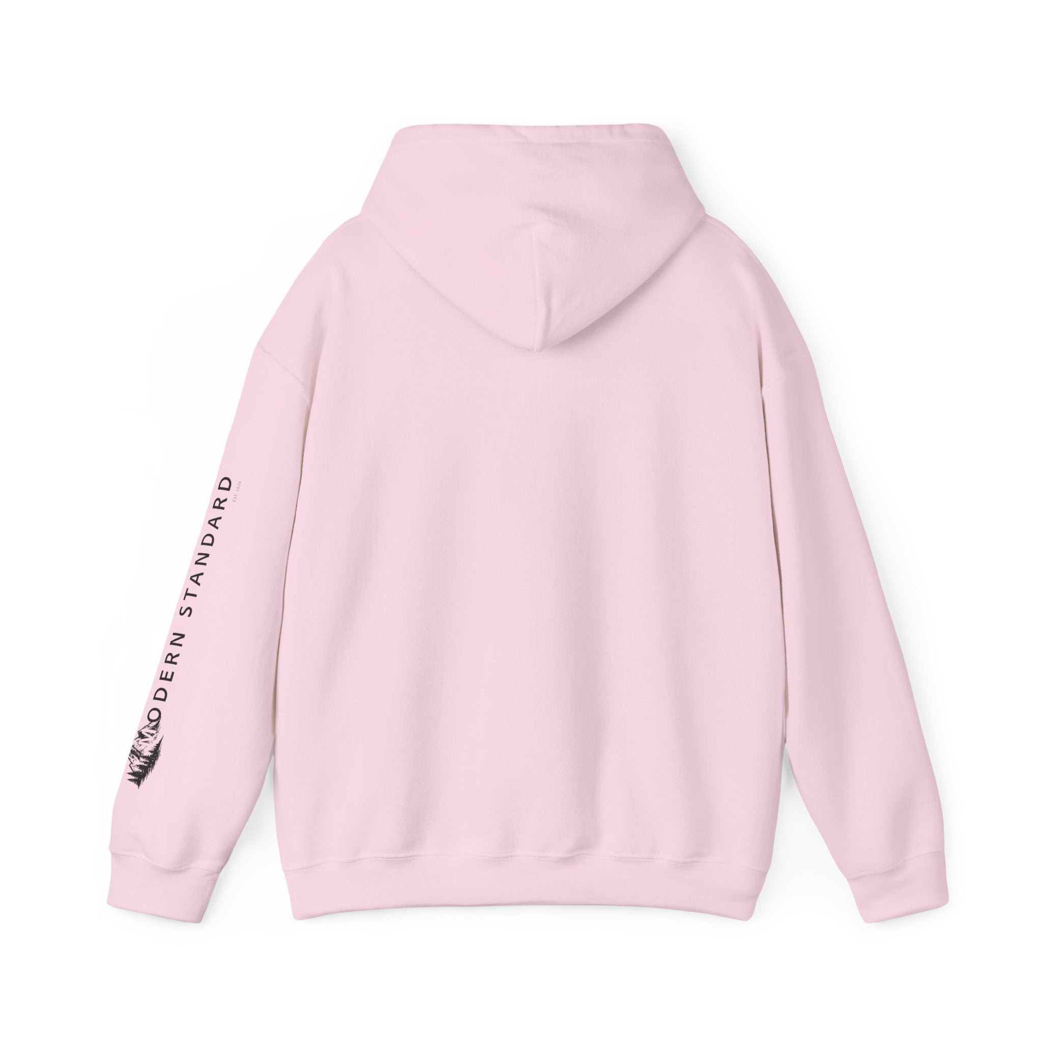 Modern Standard MS Logo Hoodie — Minimal White Pullover with Sleeve Graphic