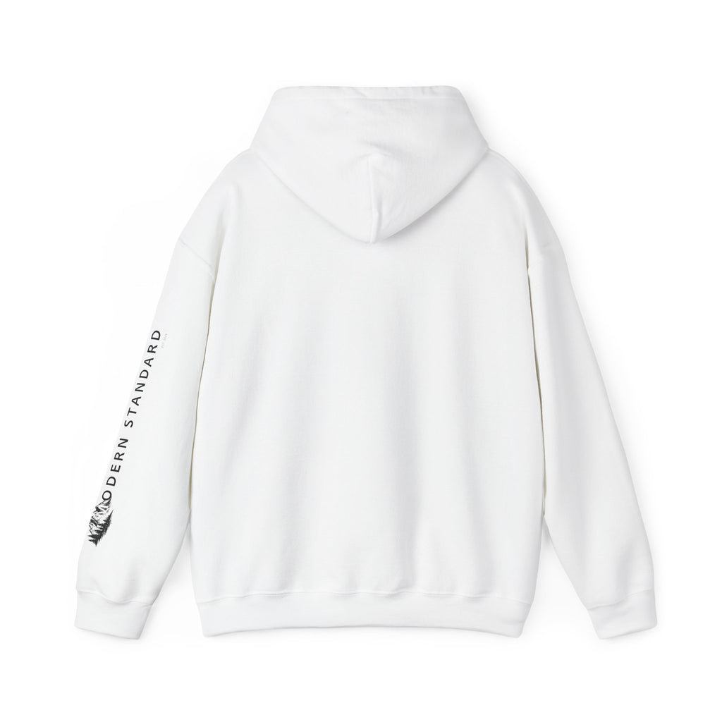 Modern Standard MS Logo Hoodie — Minimal White Pullover with Sleeve Graphic
