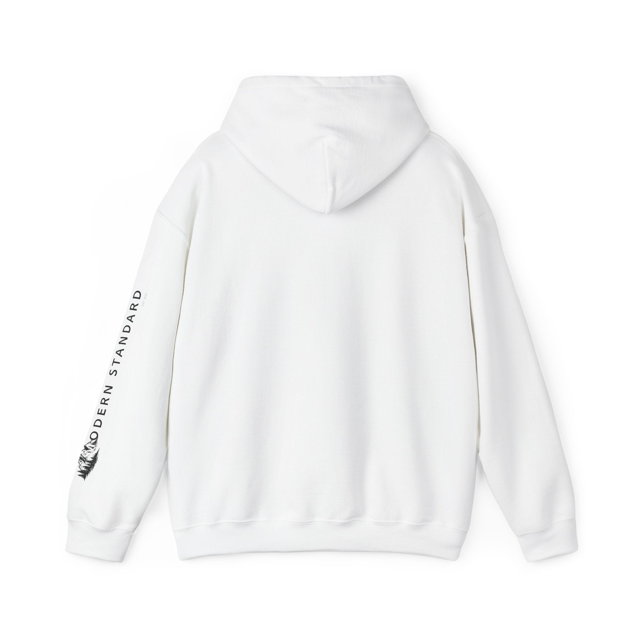 Modern Standard MS Logo Hoodie — Minimal White Pullover with Sleeve Graphic