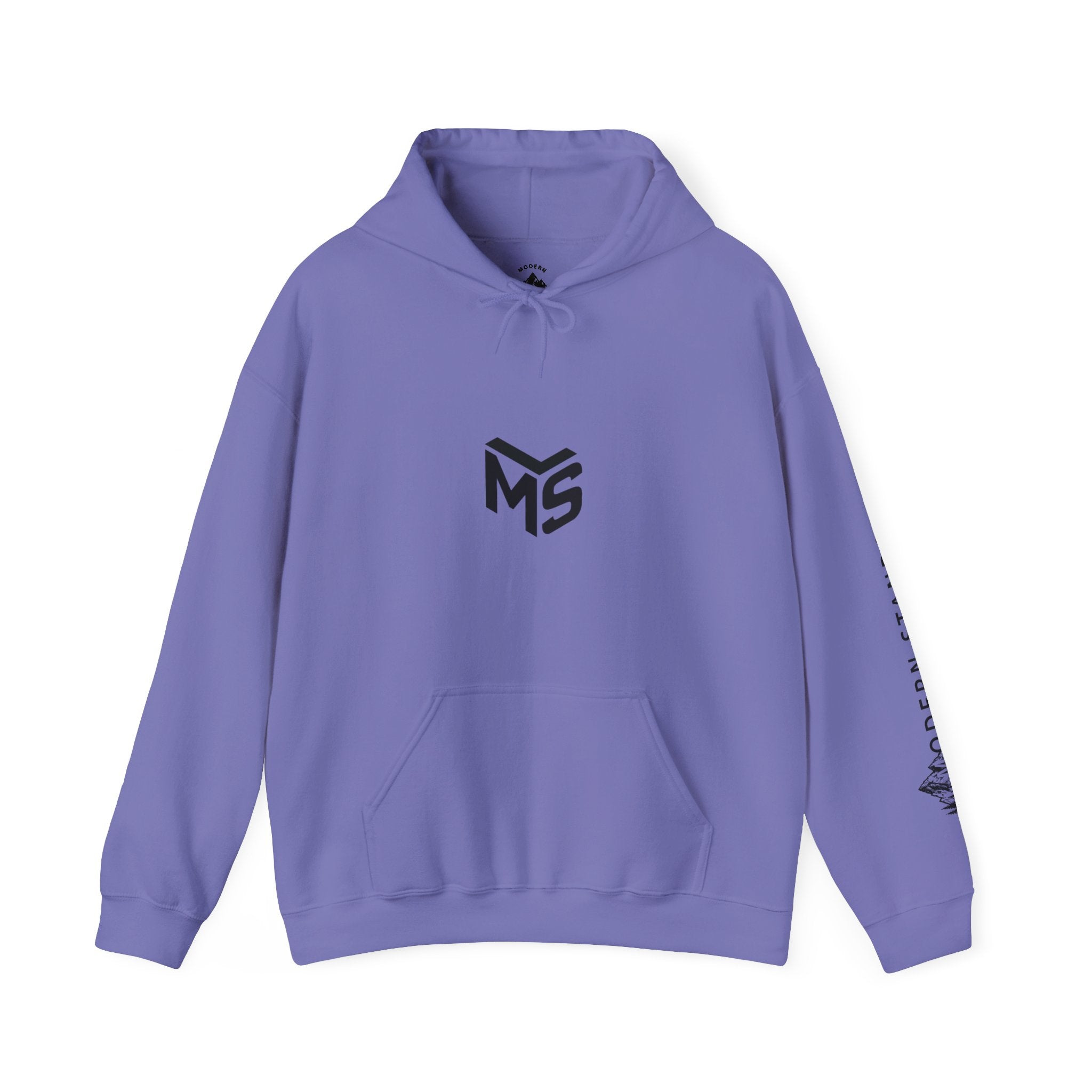 Modern Standard MS Logo Hoodie — Minimal White Pullover with Sleeve Graphic