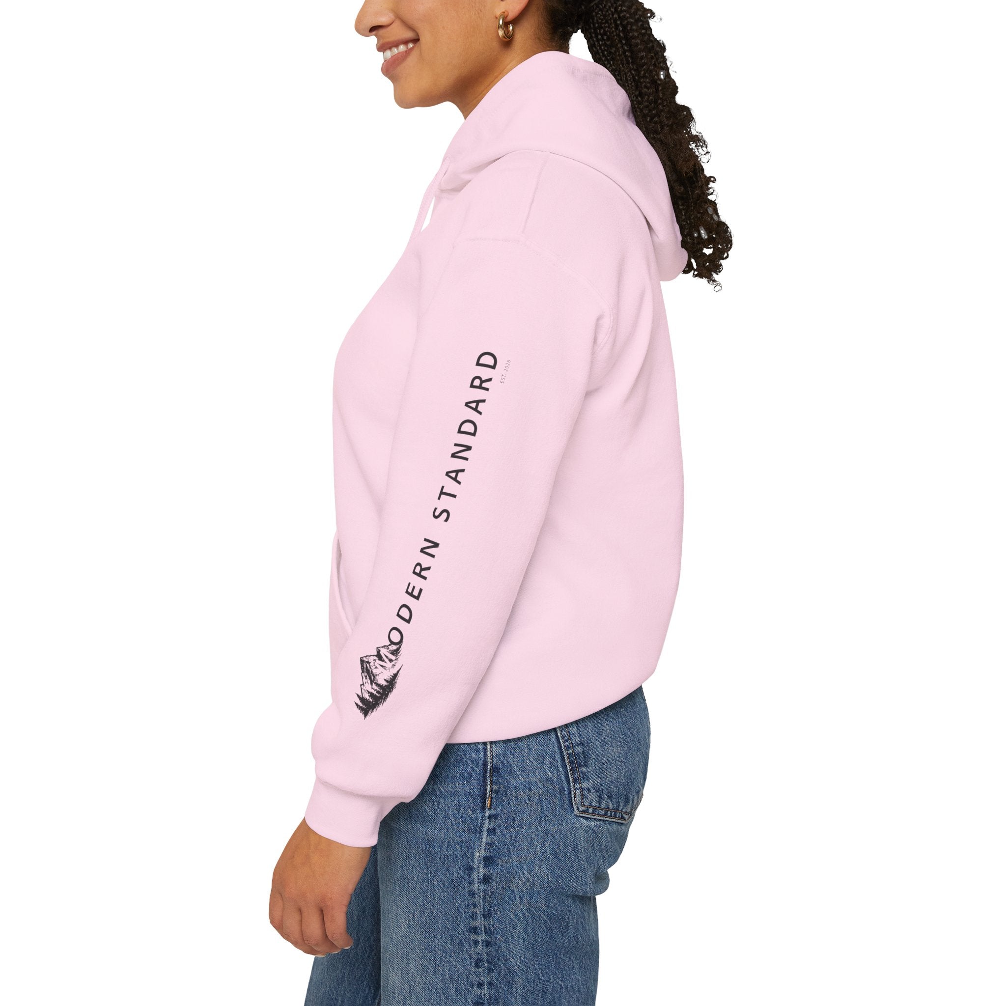 Modern Standard MS Logo Hoodie — Minimal White Pullover with Sleeve Graphic