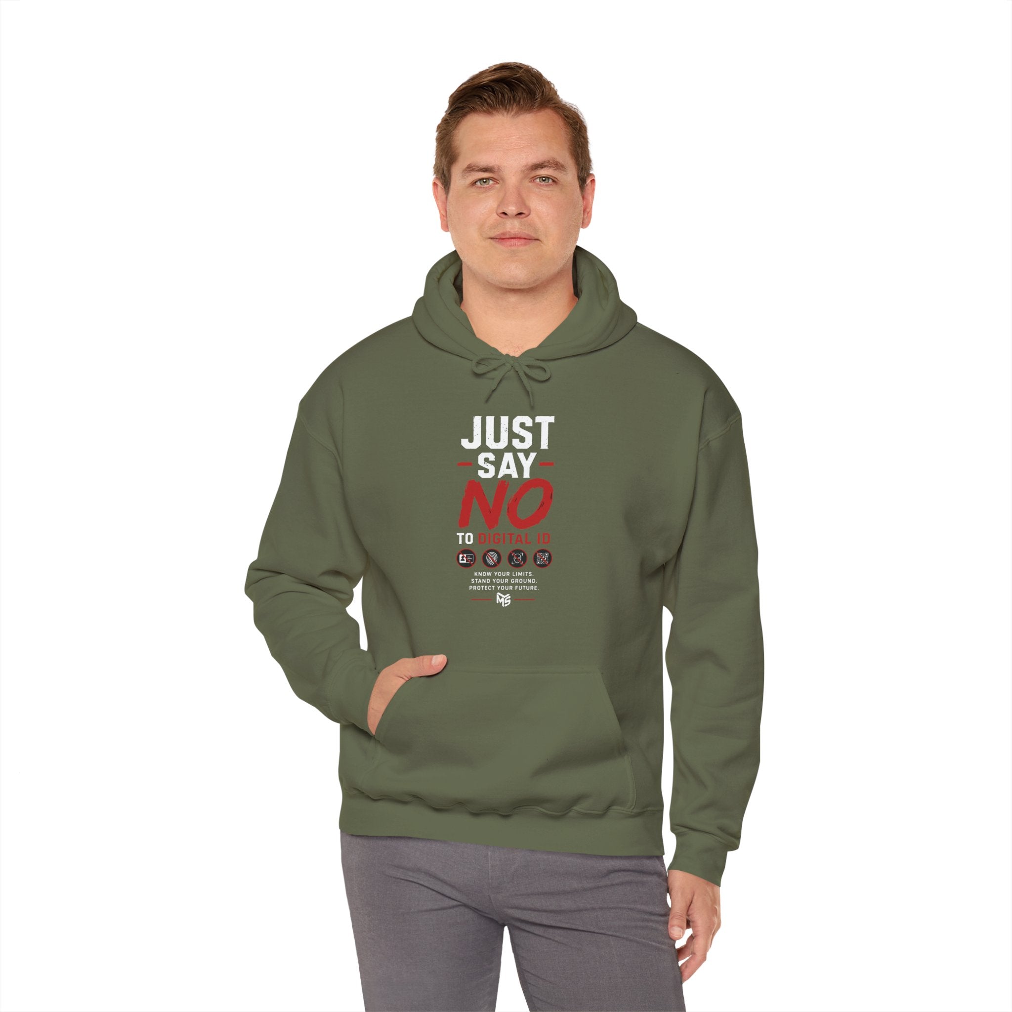 Just Say No to Digital ID Hoodie — "We Don't Consent to Control. Freedom Is Not Optional."