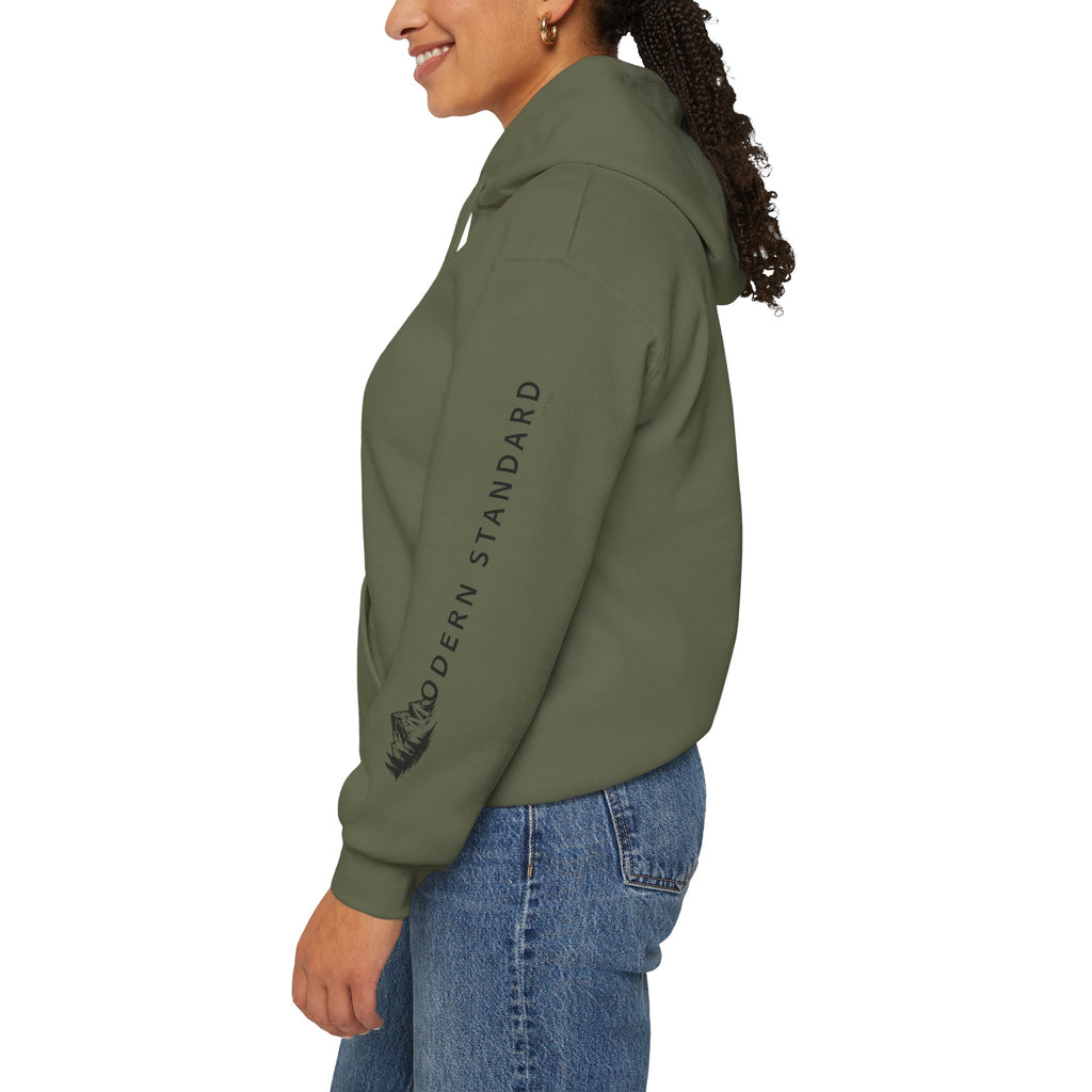 Modern Standard MS Logo Hoodie — Minimal White Pullover with Sleeve Graphic