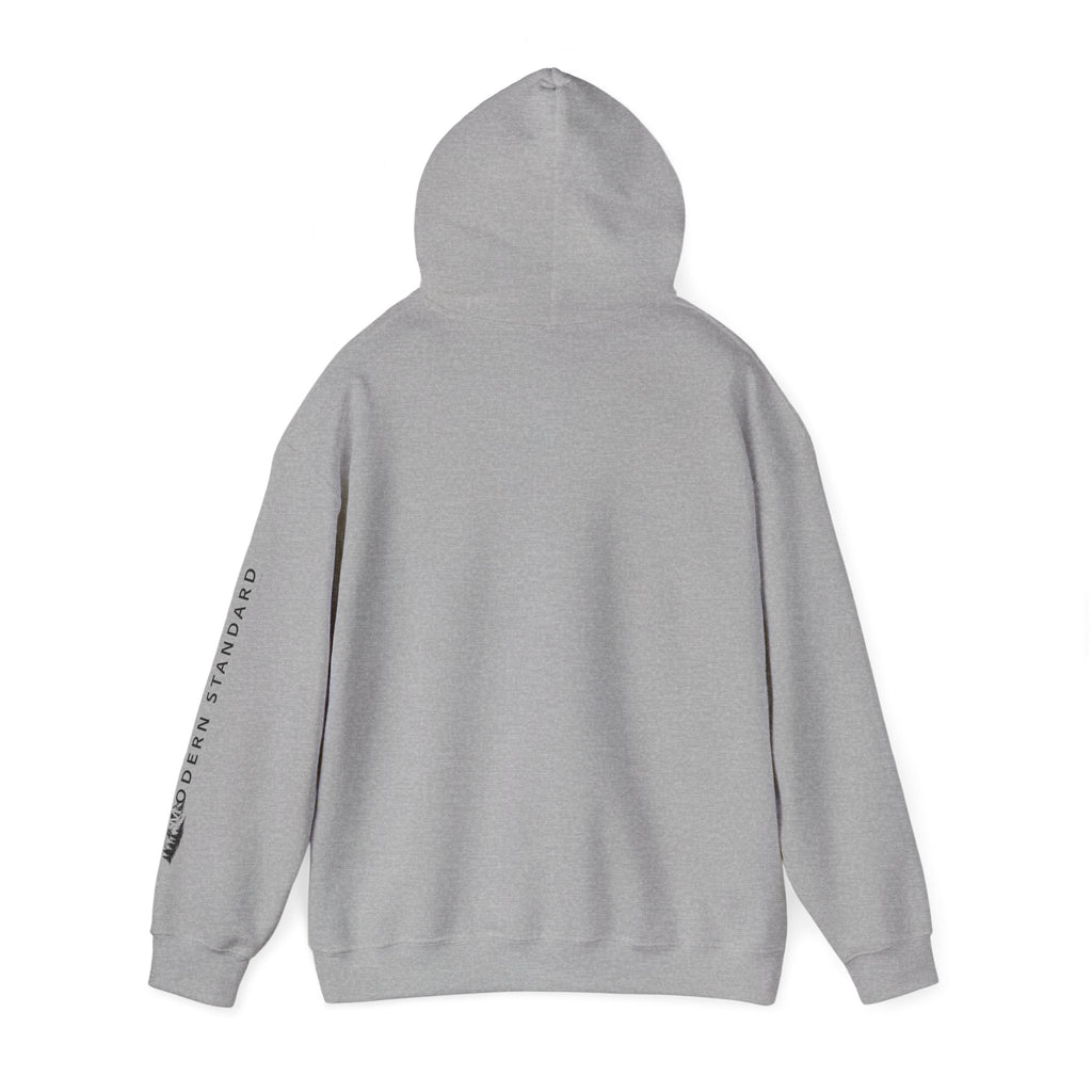 Modern Standard MS Logo Hoodie — Minimal White Pullover with Sleeve Graphic