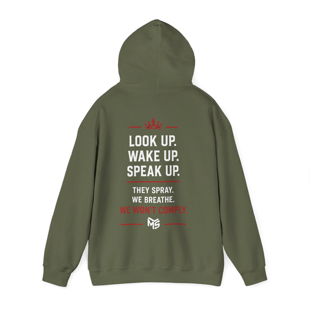 Anti Chemtrail Hoodie - "Just Say No" Protest Pullover with "Look Up. Wake Up. Speak Up." Back Print