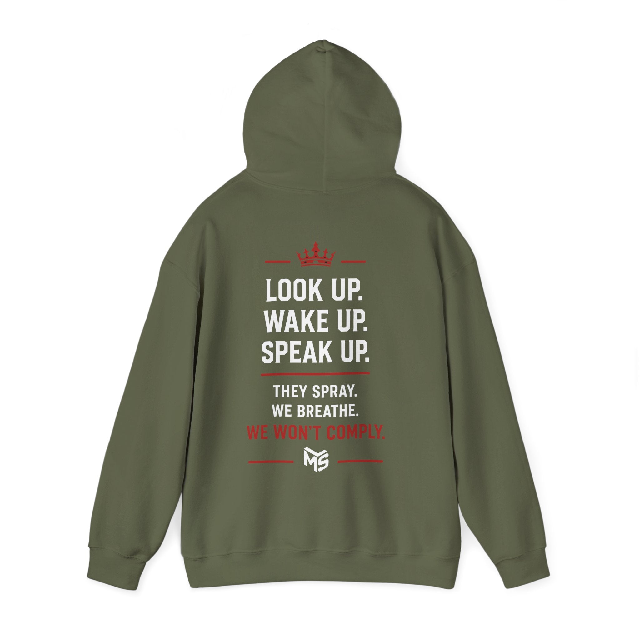 Anti Chemtrail Hoodie - "Just Say No" Protest Pullover with "Look Up. Wake Up. Speak Up." Back Print