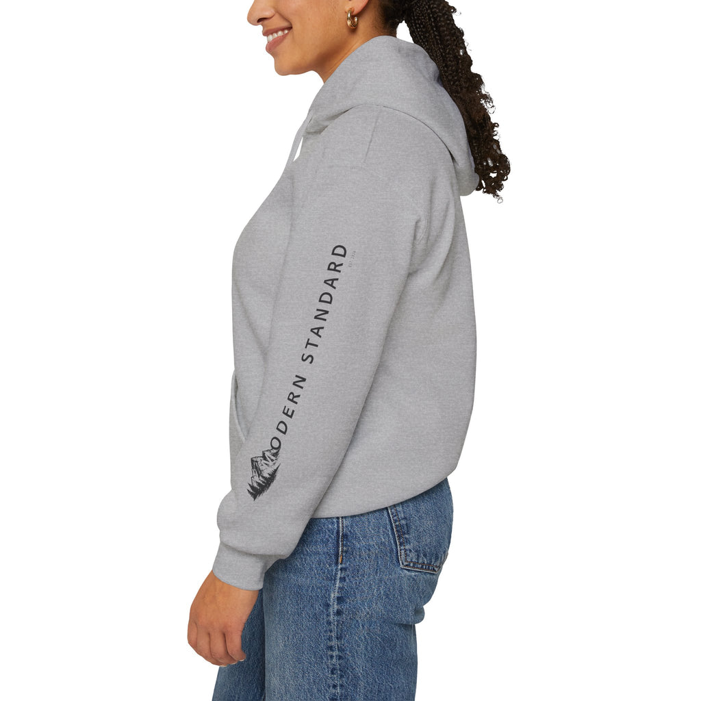 Modern Standard MS Logo Hoodie — Minimal White Pullover with Sleeve Graphic