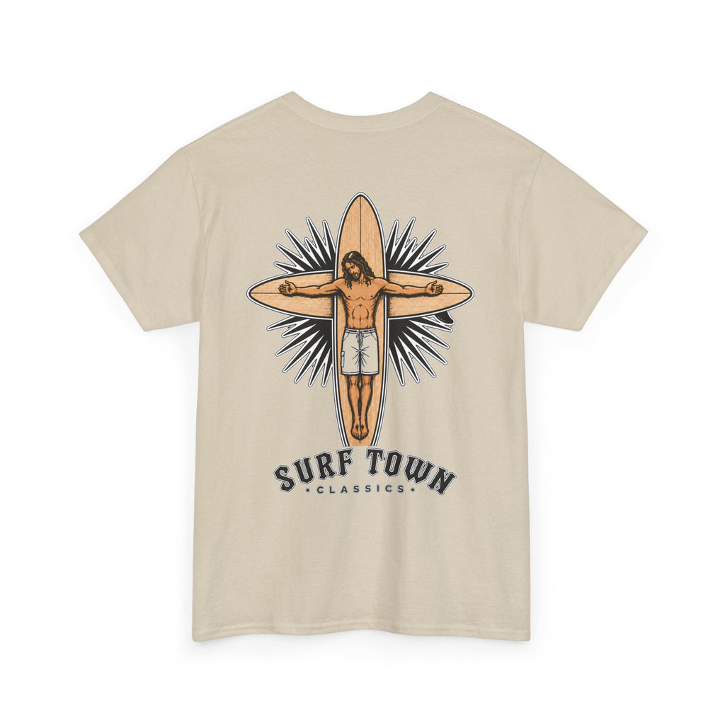 The Religion of Surfing -Surf Town Classics Tee — Surfboard Jesus Design T-Shirt