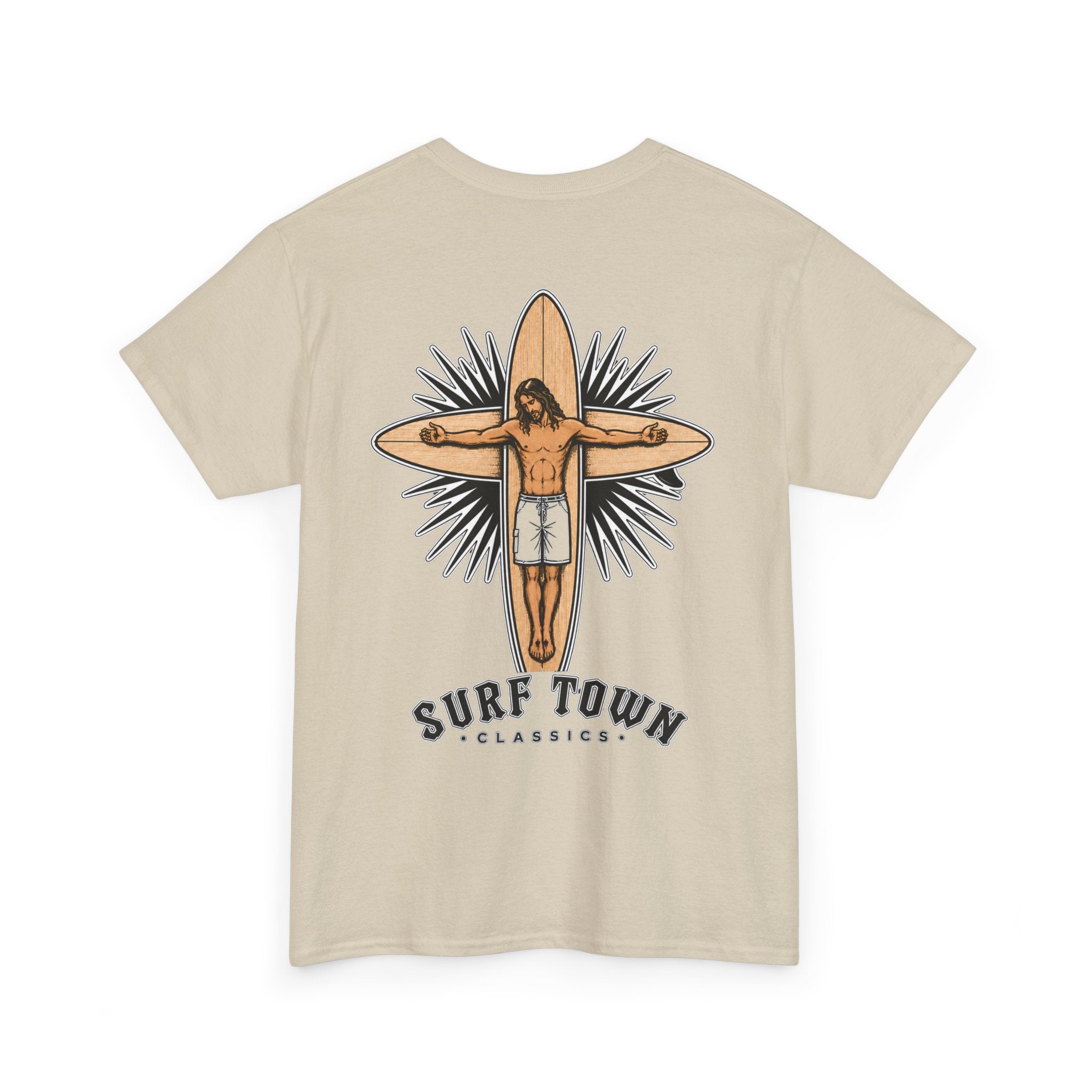 The Religion of Surfing -Surf Town Classics Tee — Surfboard Jesus Design T-Shirt