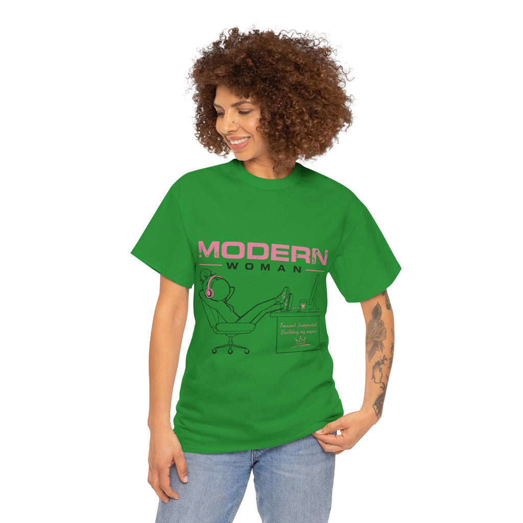 Modern Woman Tee — Feminine Graphic Cotton T‑Shirt ("Modern Woman" Desk Illustration)