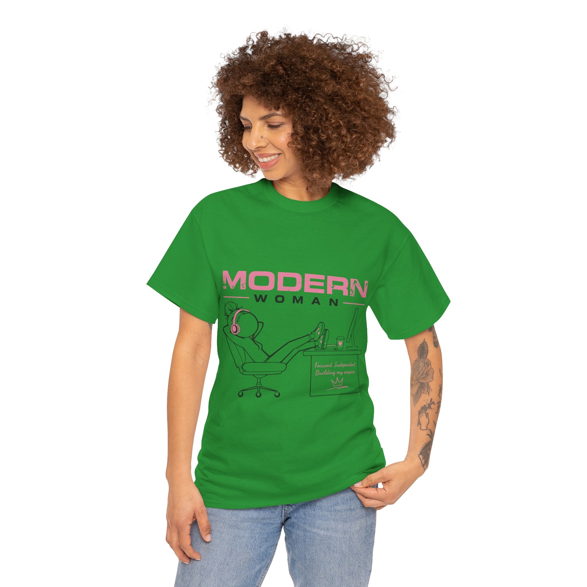 Modern Woman Tee — Feminine Graphic Cotton T‑Shirt ("Modern Woman" Desk Illustration)