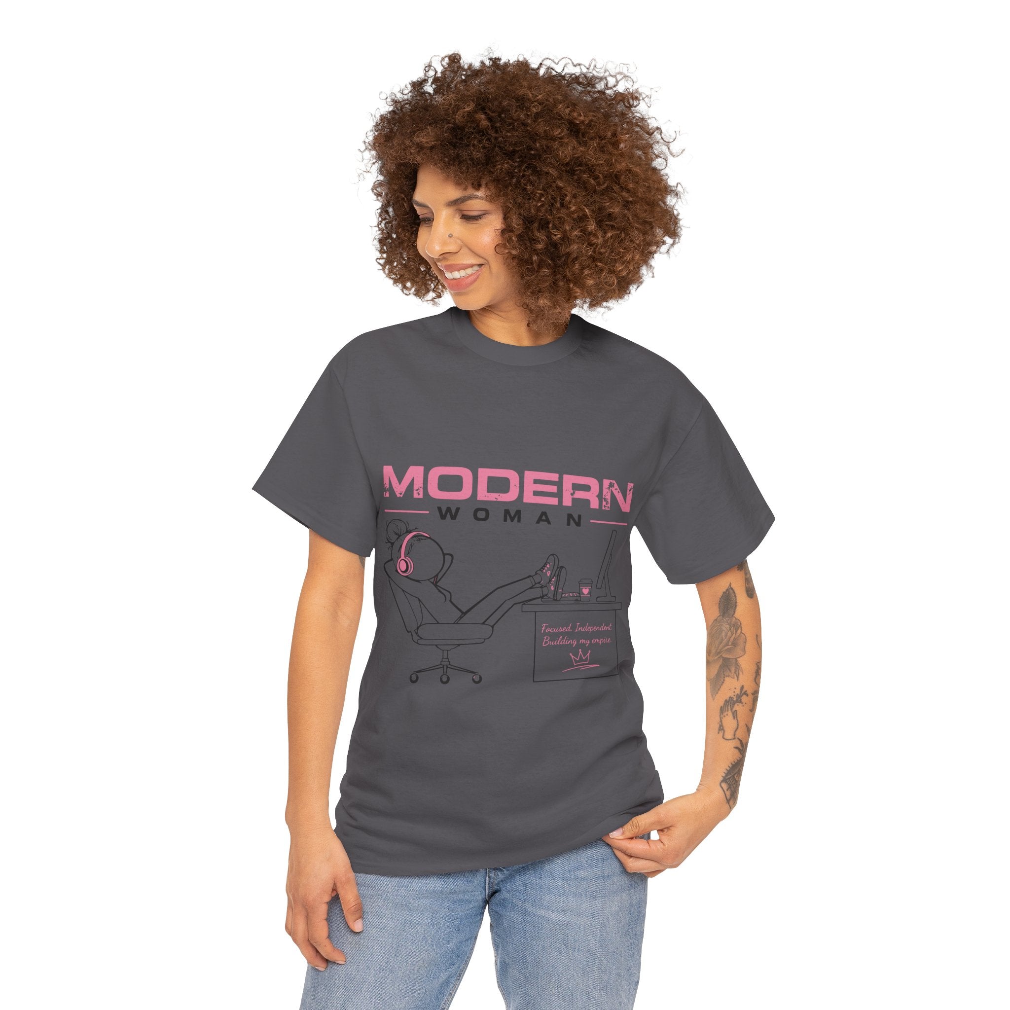 Modern Woman Tee — Feminine Graphic Cotton T‑Shirt ("Modern Woman" Desk Illustration)