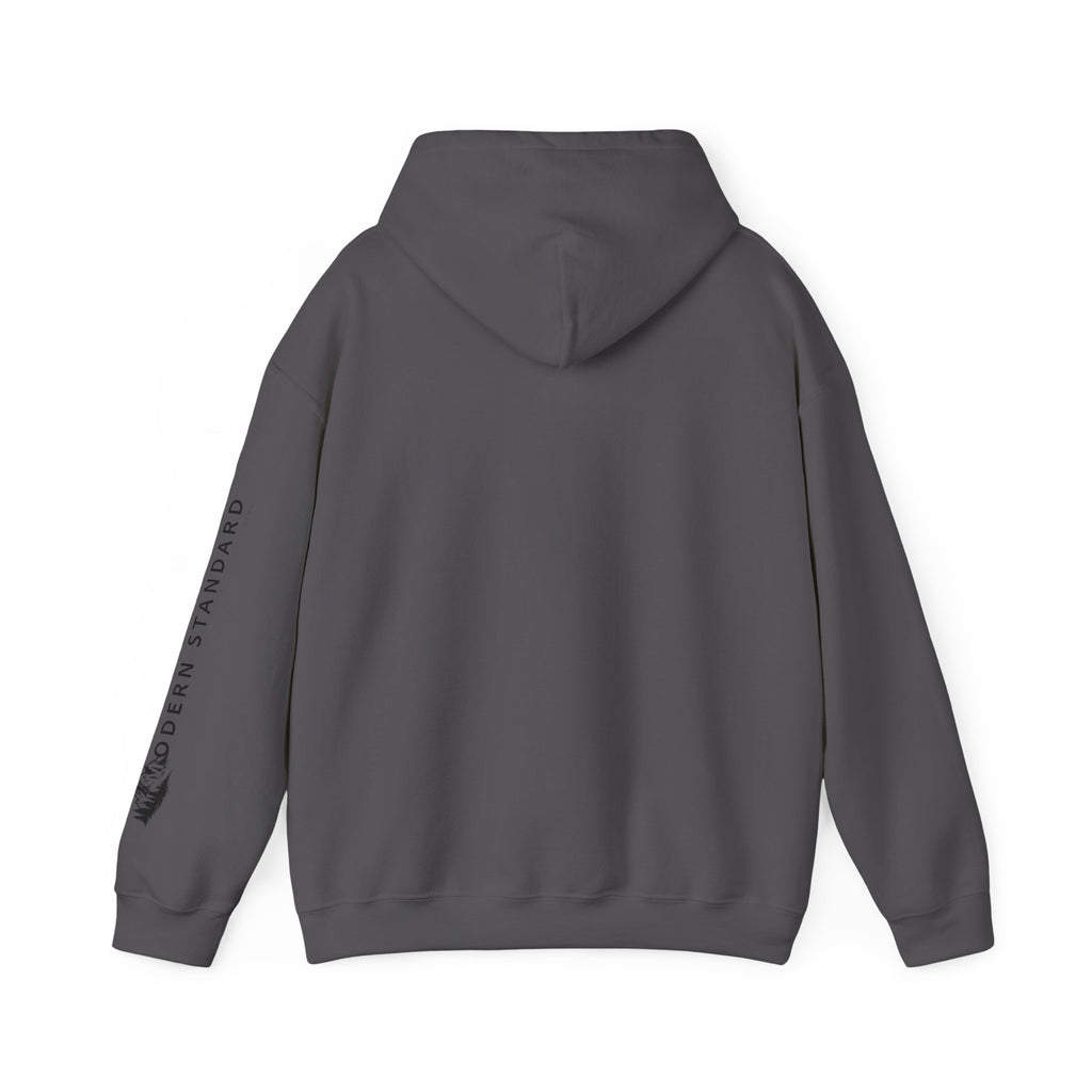 Modern Standard MS Logo Hoodie — Minimal White Pullover with Sleeve Graphic