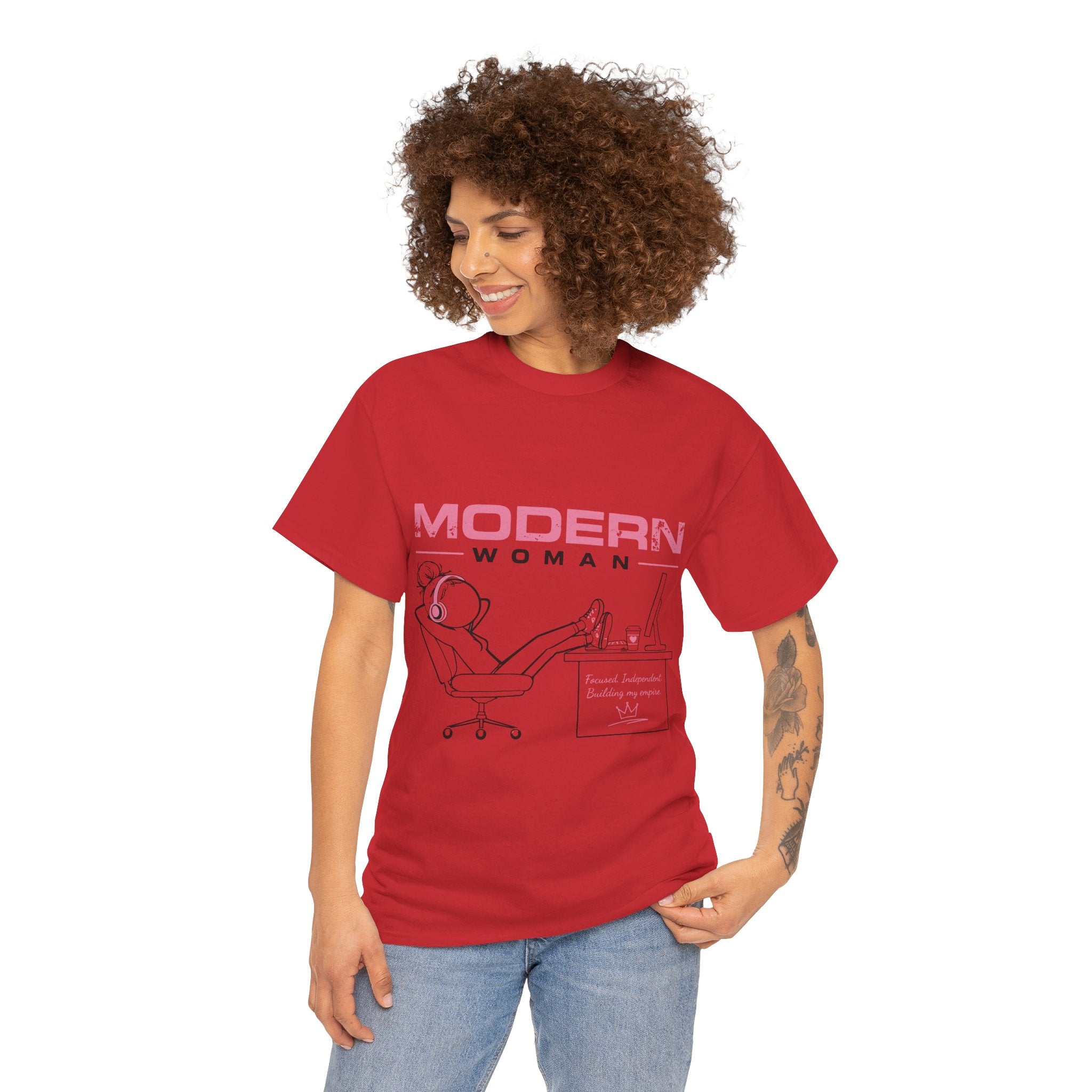 Modern Woman Tee — Feminine Graphic Cotton T‑Shirt ("Modern Woman" Desk Illustration)