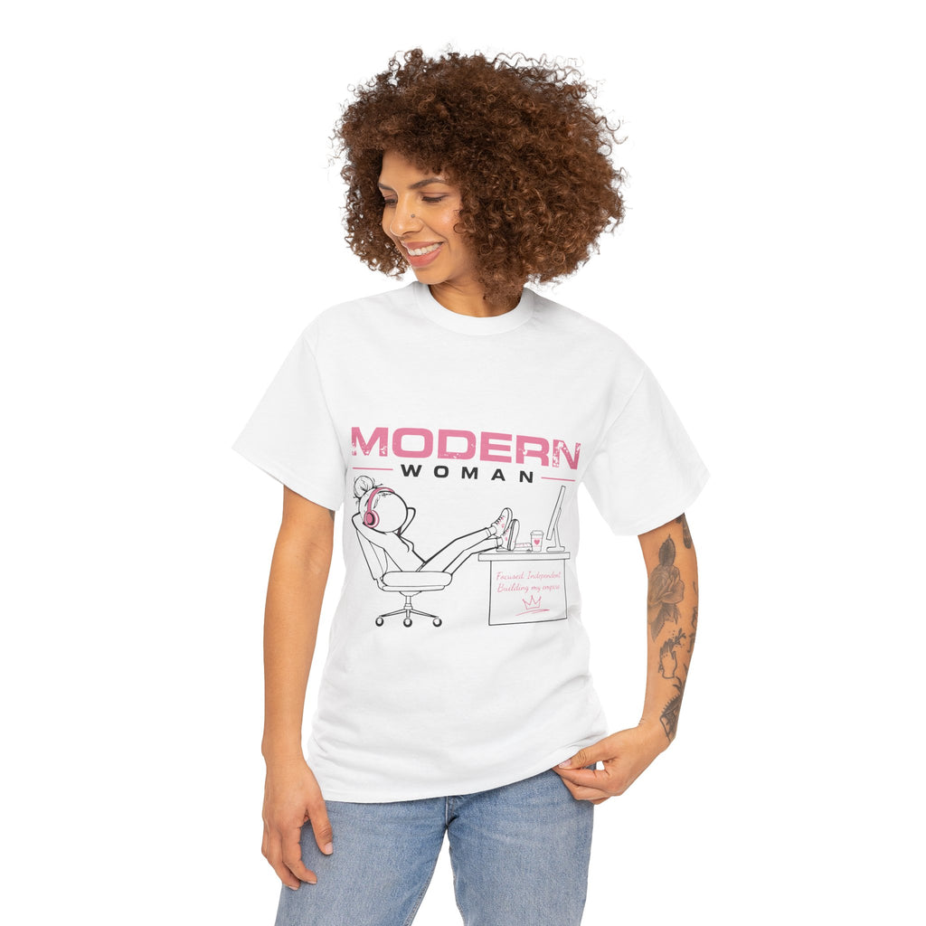 Modern Woman Tee — Feminine Graphic Cotton T‑Shirt ("Modern Woman" Desk Illustration)