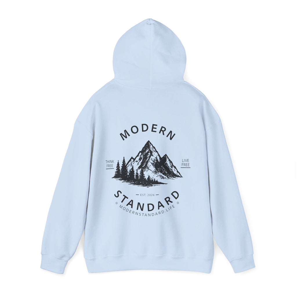 Modern Standard MS Logo Hoodie — Minimal White Pullover with Sleeve Graphic