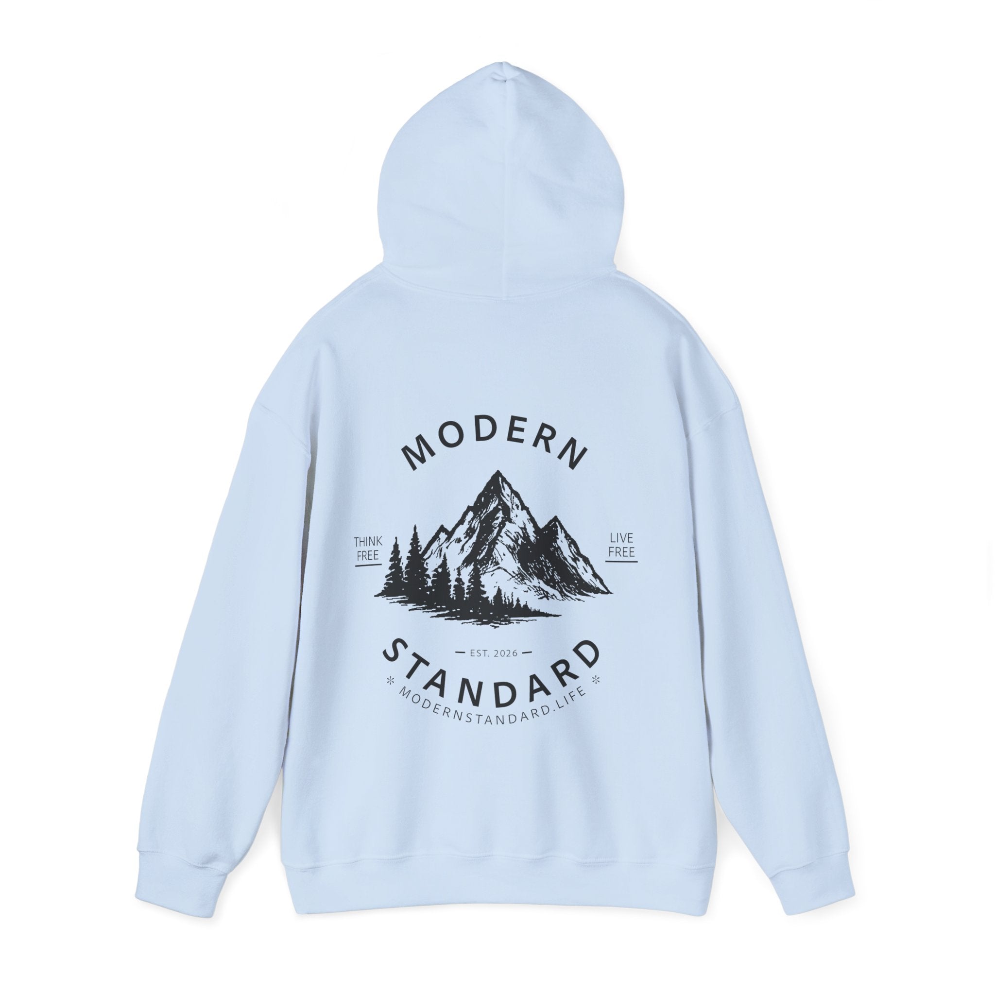 Modern Standard MS Logo Hoodie — Minimal White Pullover with Sleeve Graphic