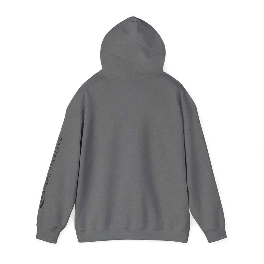 Modern Standard MS Logo Hoodie — Minimal White Pullover with Sleeve Graphic