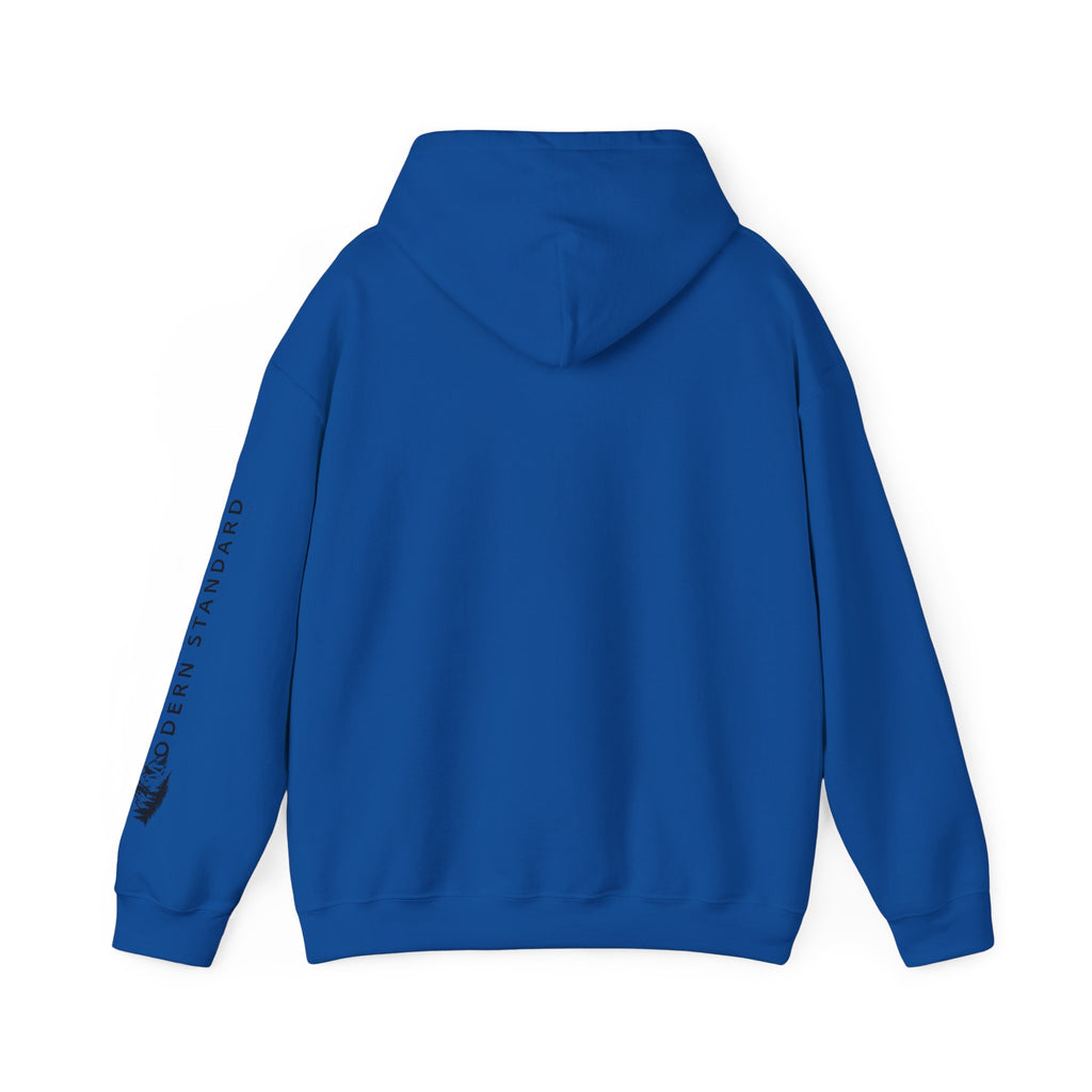 Modern Standard MS Logo Hoodie — Minimal White Pullover with Sleeve Graphic