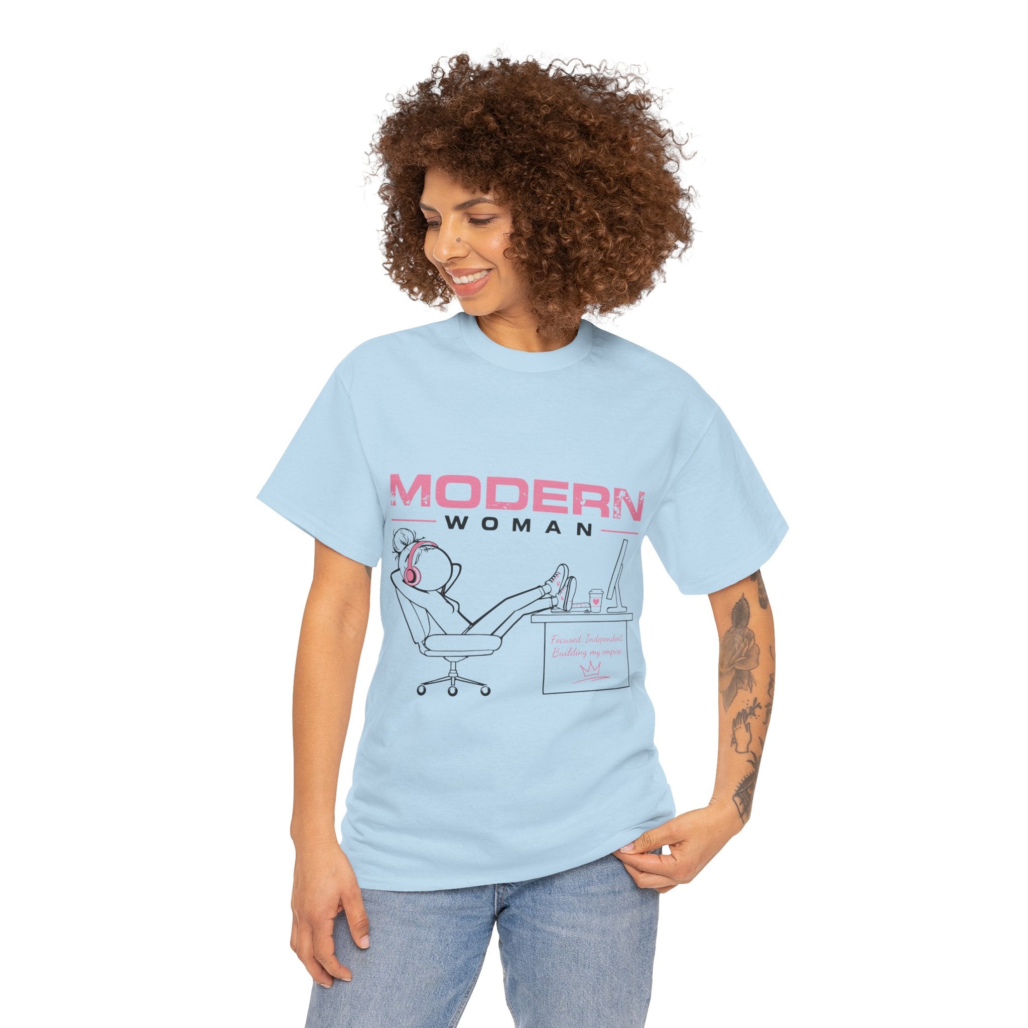 Modern Woman Tee — Feminine Graphic Cotton T‑Shirt ("Modern Woman" Desk Illustration)