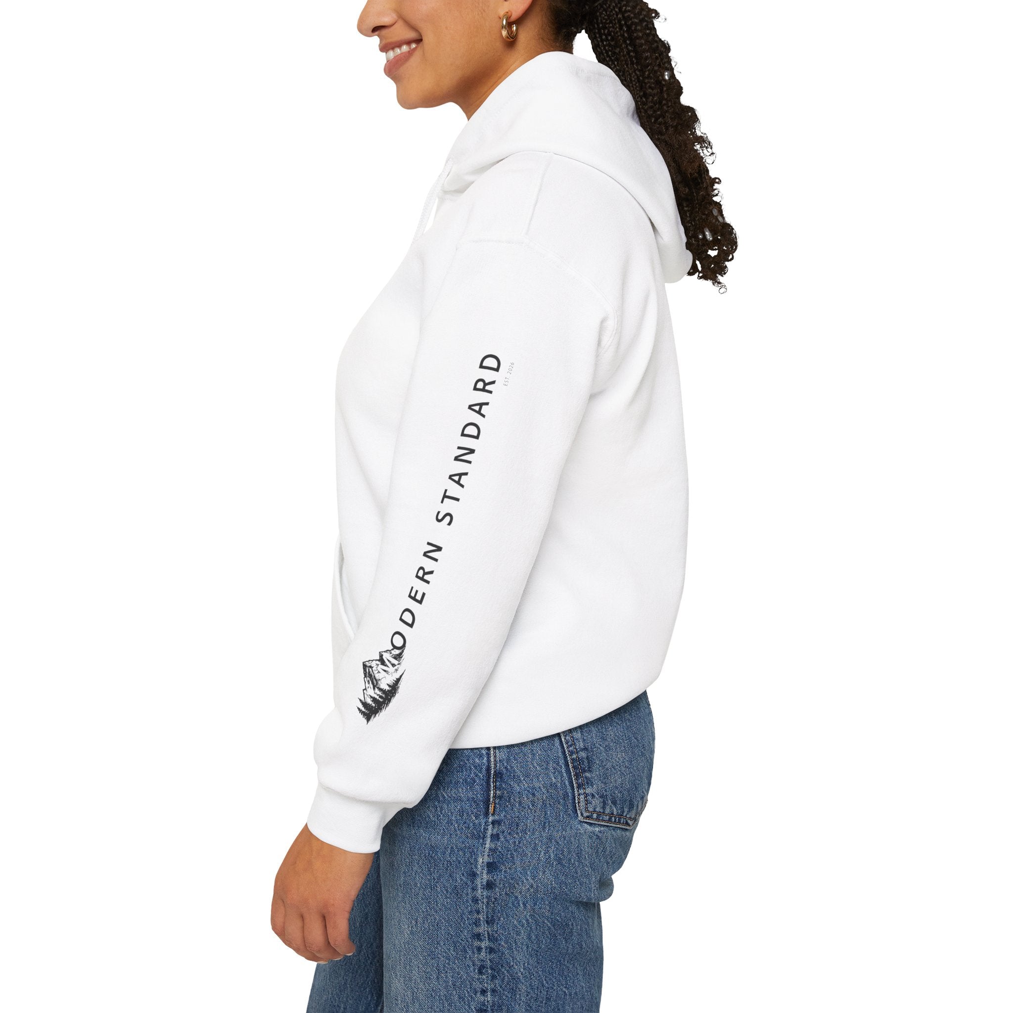 Modern Standard MS Logo Hoodie — Minimal White Pullover with Sleeve Graphic