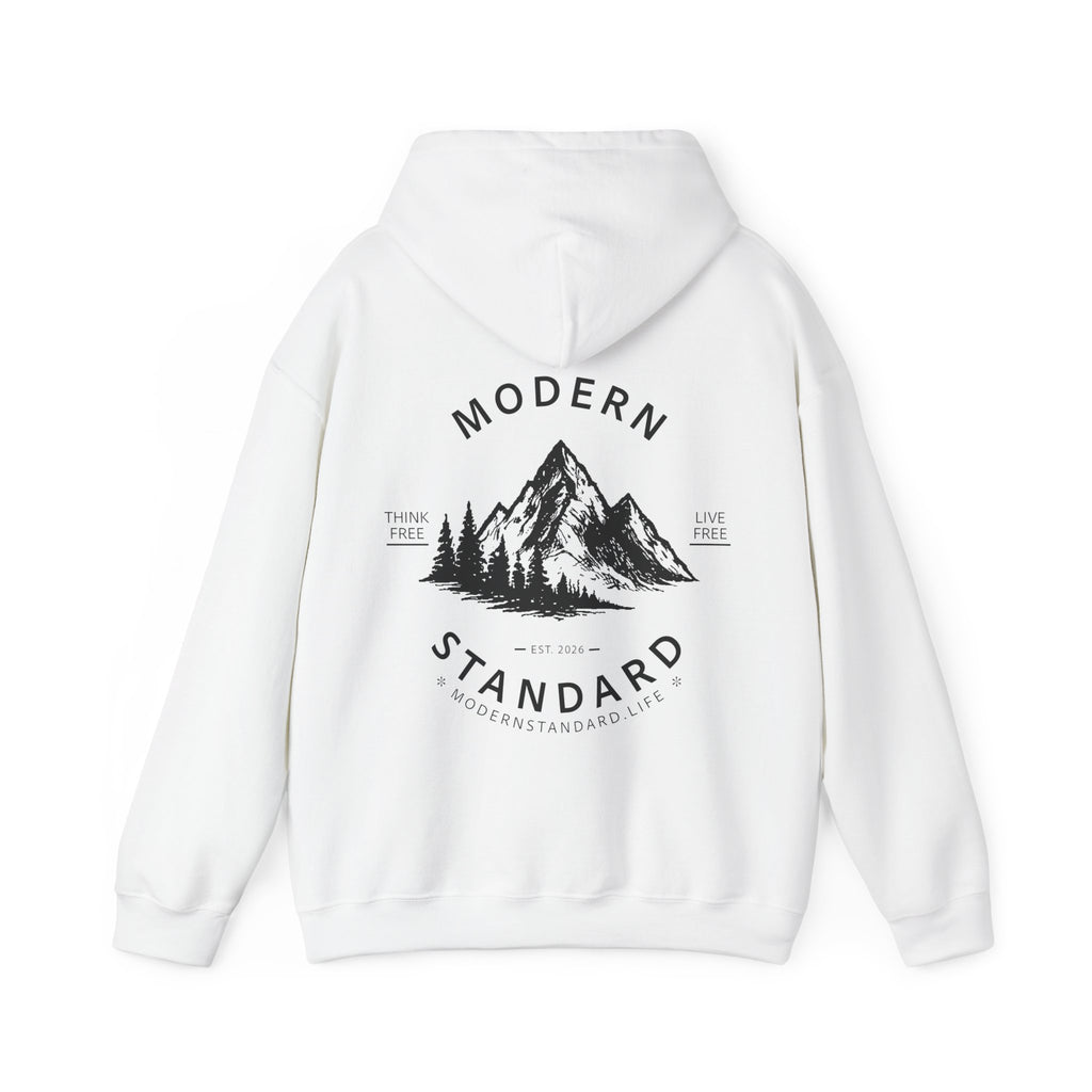 Modern Standard MS Logo Hoodie — Minimal White Pullover with Sleeve Graphic