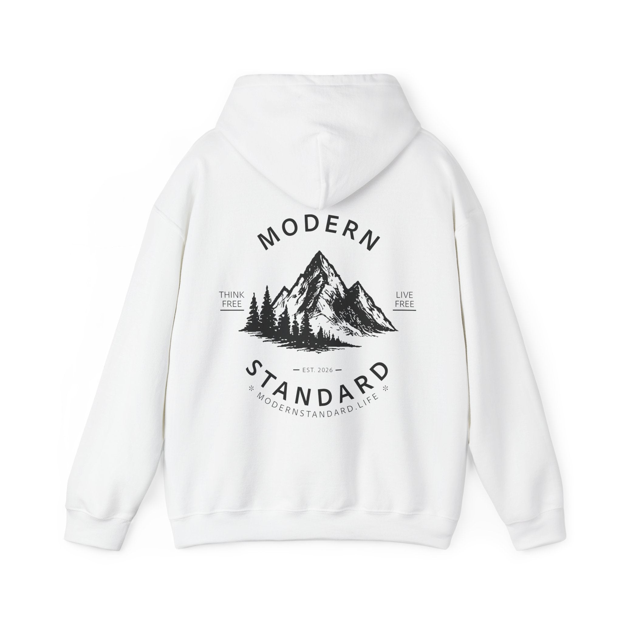Modern Standard MS Logo Hoodie — Minimal White Pullover with Sleeve Graphic