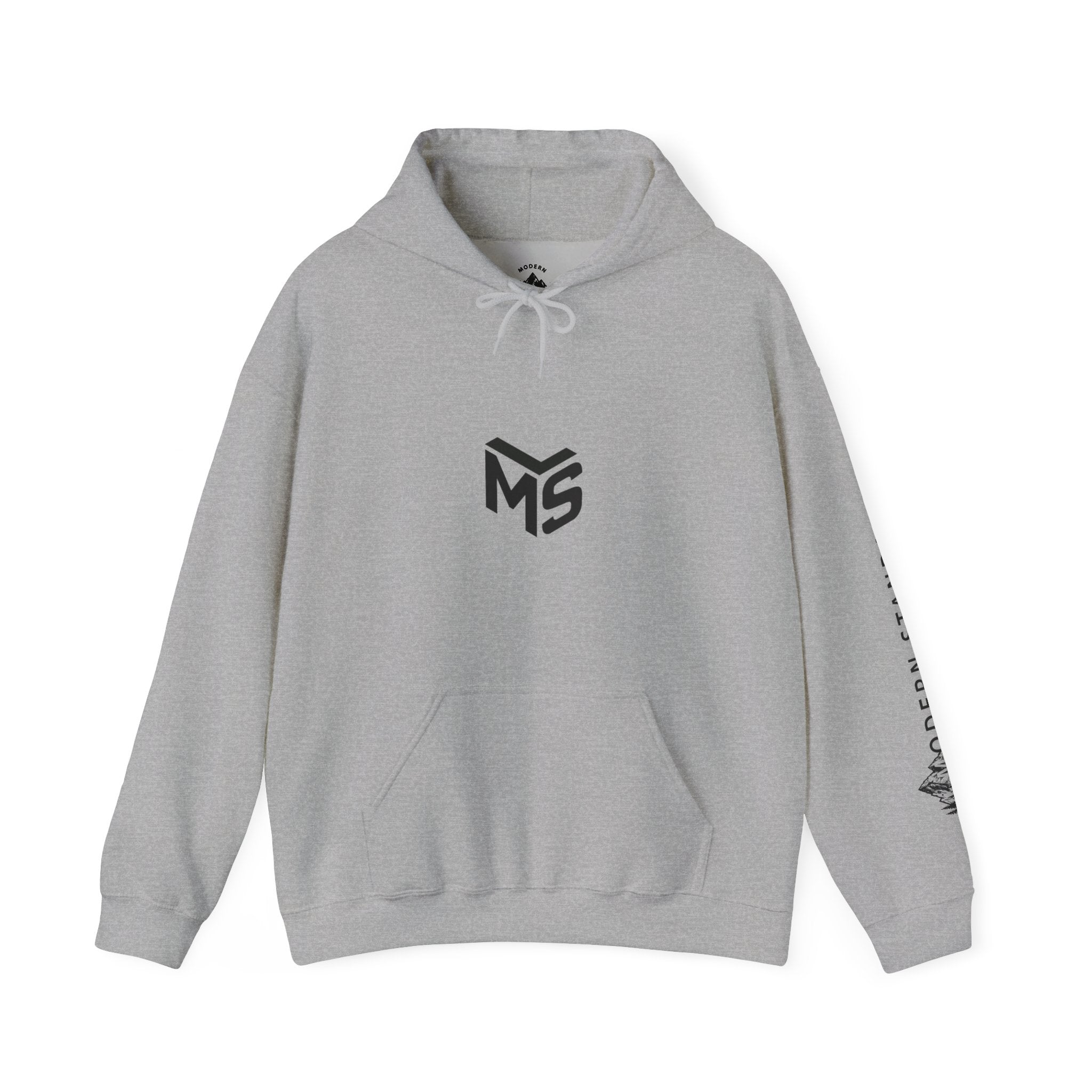 Modern Standard MS Logo Hoodie — Minimal White Pullover with Sleeve Graphic