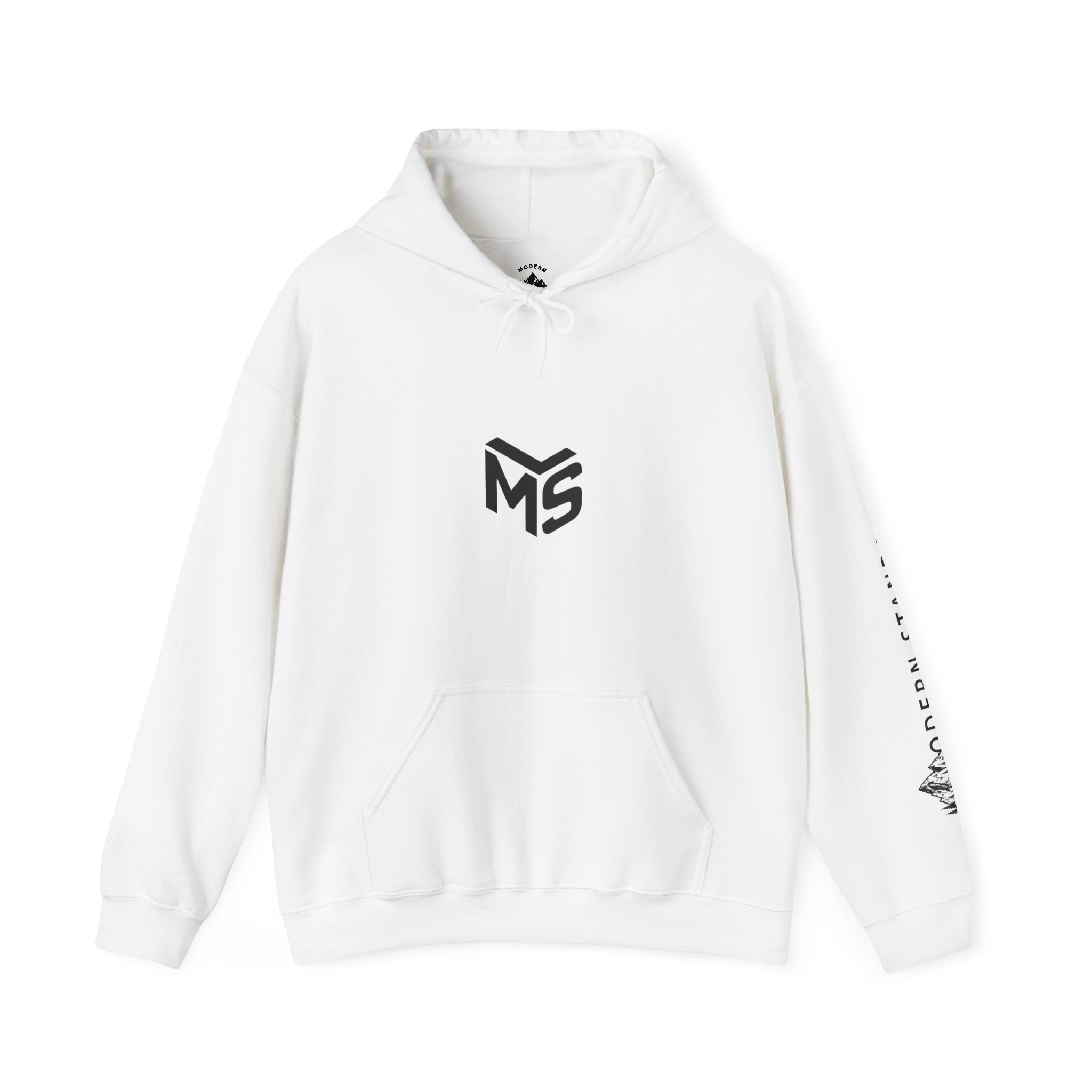 Modern Standard MS Logo Hoodie — Minimal White Pullover with Sleeve Graphic