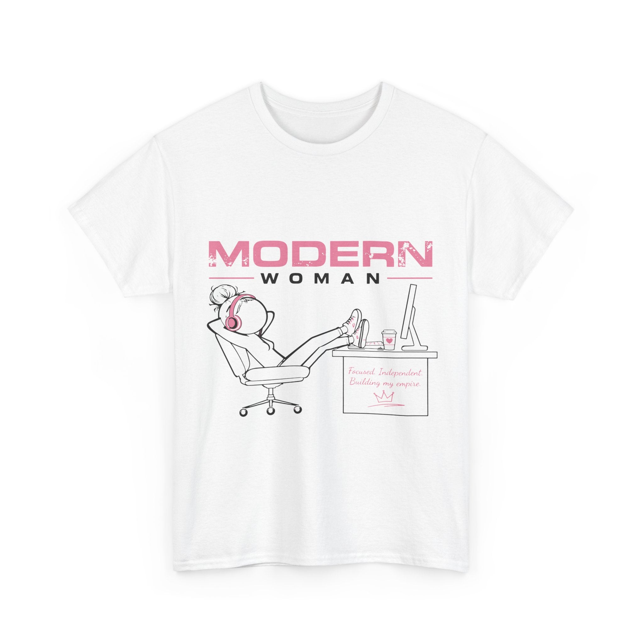 Modern Woman Tee — Feminine Graphic Cotton T‑Shirt ("Modern Woman" Desk Illustration)