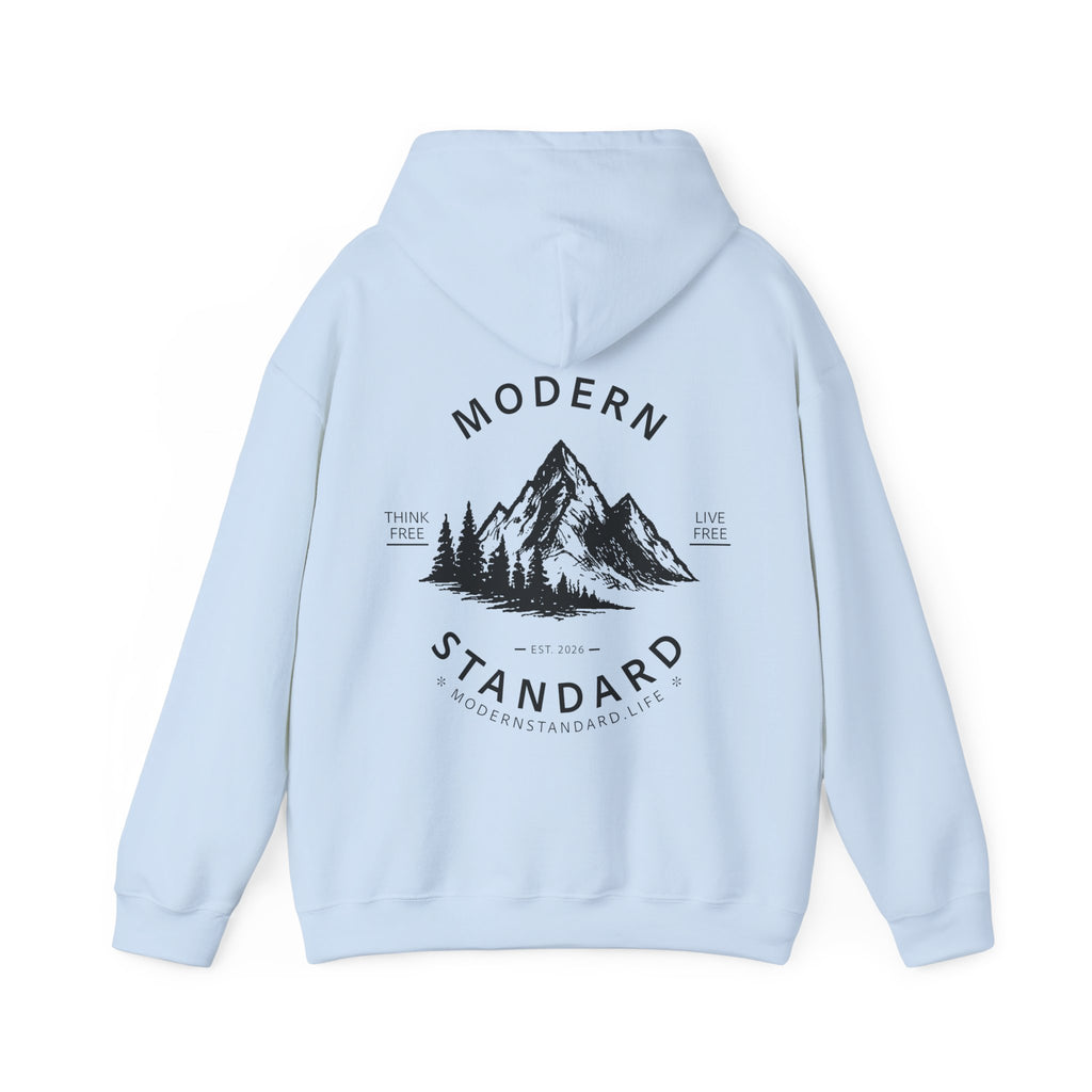 Modern Standard MS Logo Hoodie — Minimal White Pullover with Sleeve Graphic