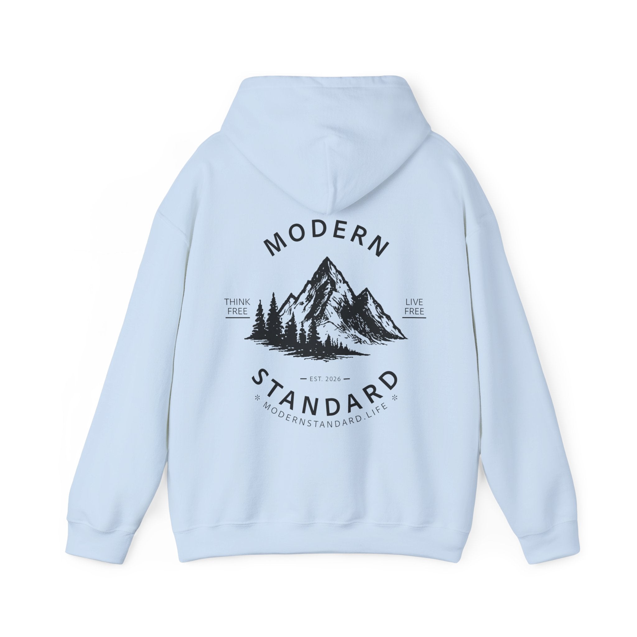 Modern Standard MS Logo Hoodie — Minimal White Pullover with Sleeve Graphic