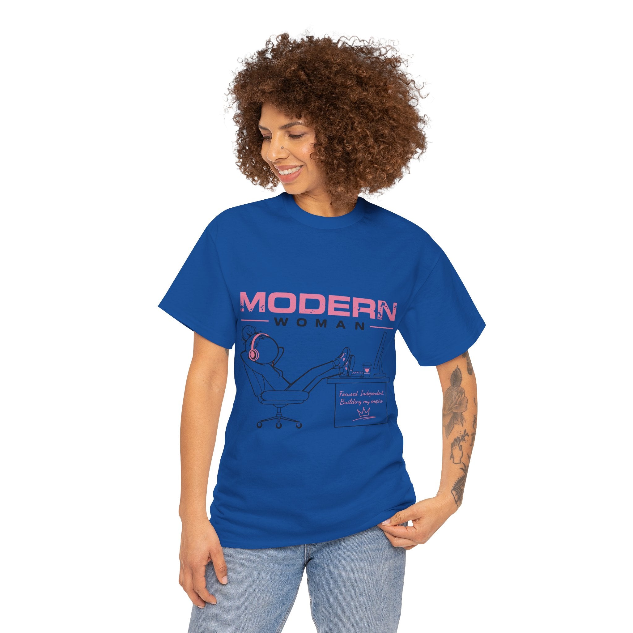 Modern Woman Tee — Feminine Graphic Cotton T‑Shirt ("Modern Woman" Desk Illustration)