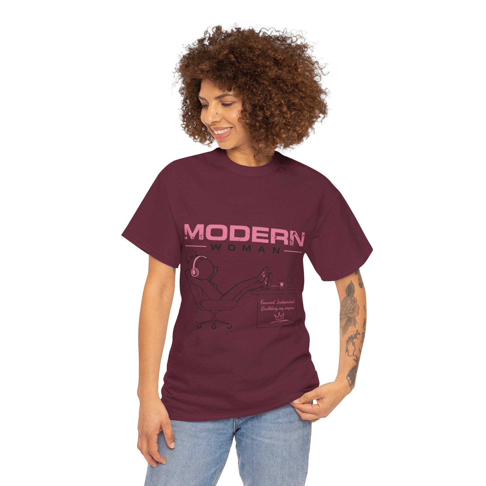 Modern Woman Tee — Feminine Graphic Cotton T‑Shirt ("Modern Woman" Desk Illustration)