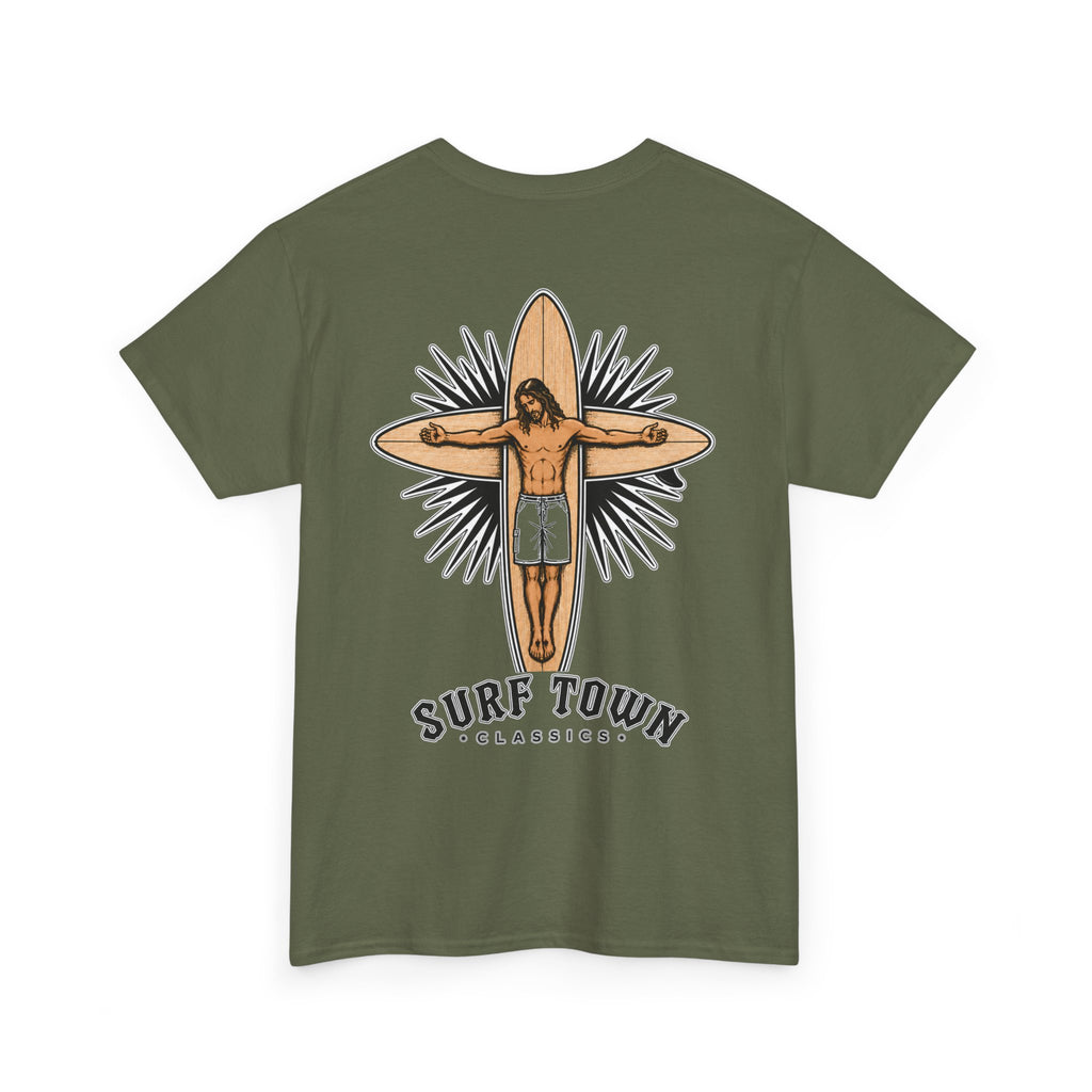 The Religion of Surfing -Surf Town Classics Tee — Surfboard Jesus Design T-Shirt