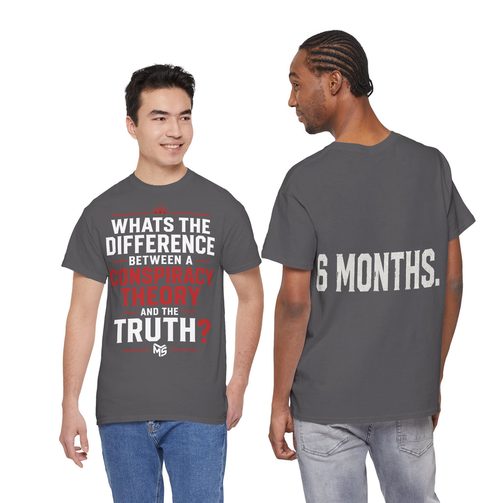 Conspiracy Theory Tee — Vintage Red Text Graphic T-Shirt (Back: “6 Months.”)
