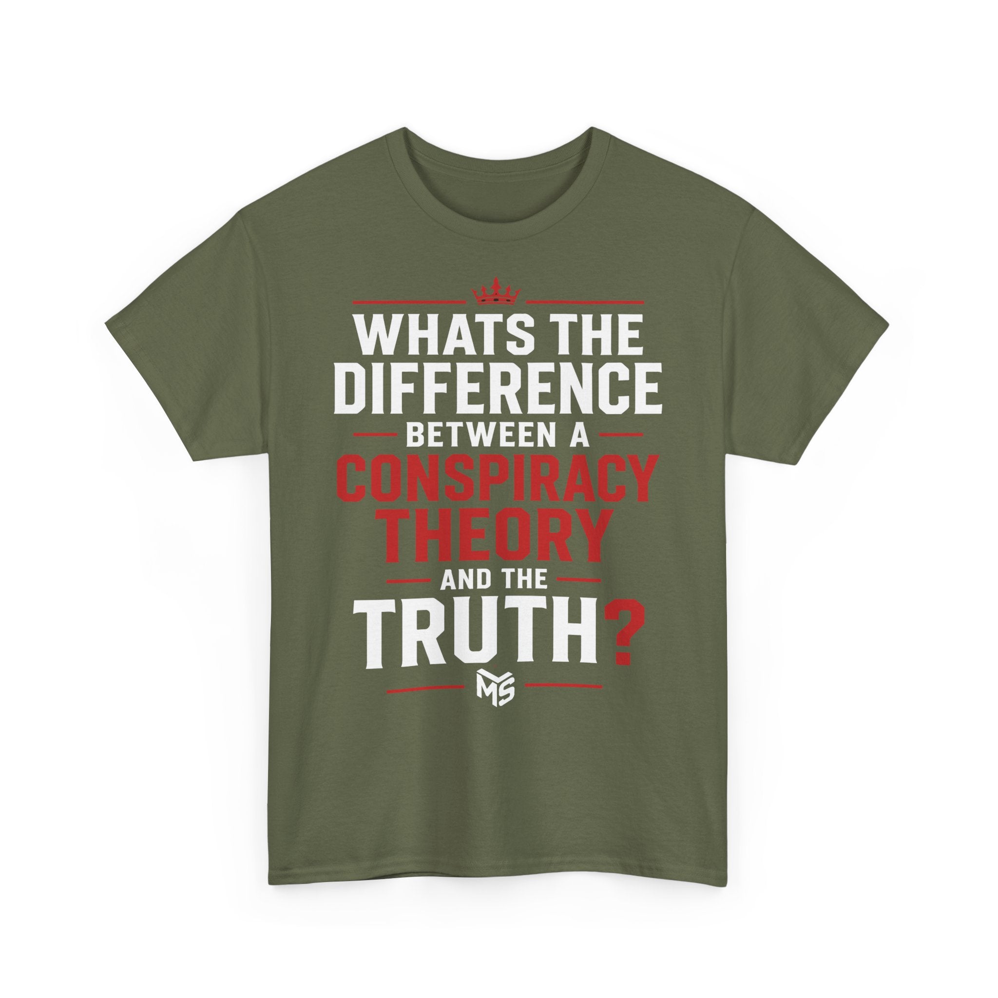 Conspiracy Theory Tee — Vintage Red Text Graphic T-Shirt (Back: “6 Months.”)