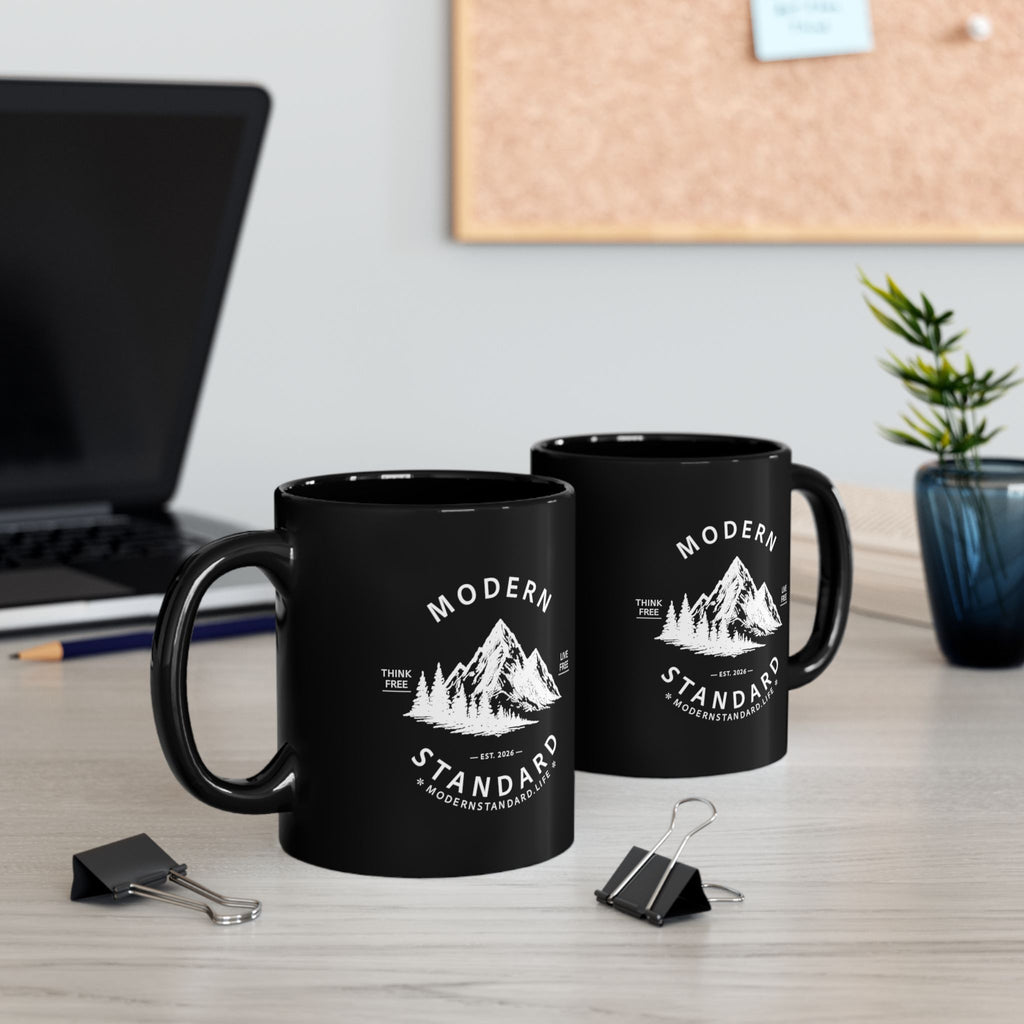 Modern Standard Mountain Black Mug — 'Live Free, Think Free' Coffee Cup (11oz/15oz)