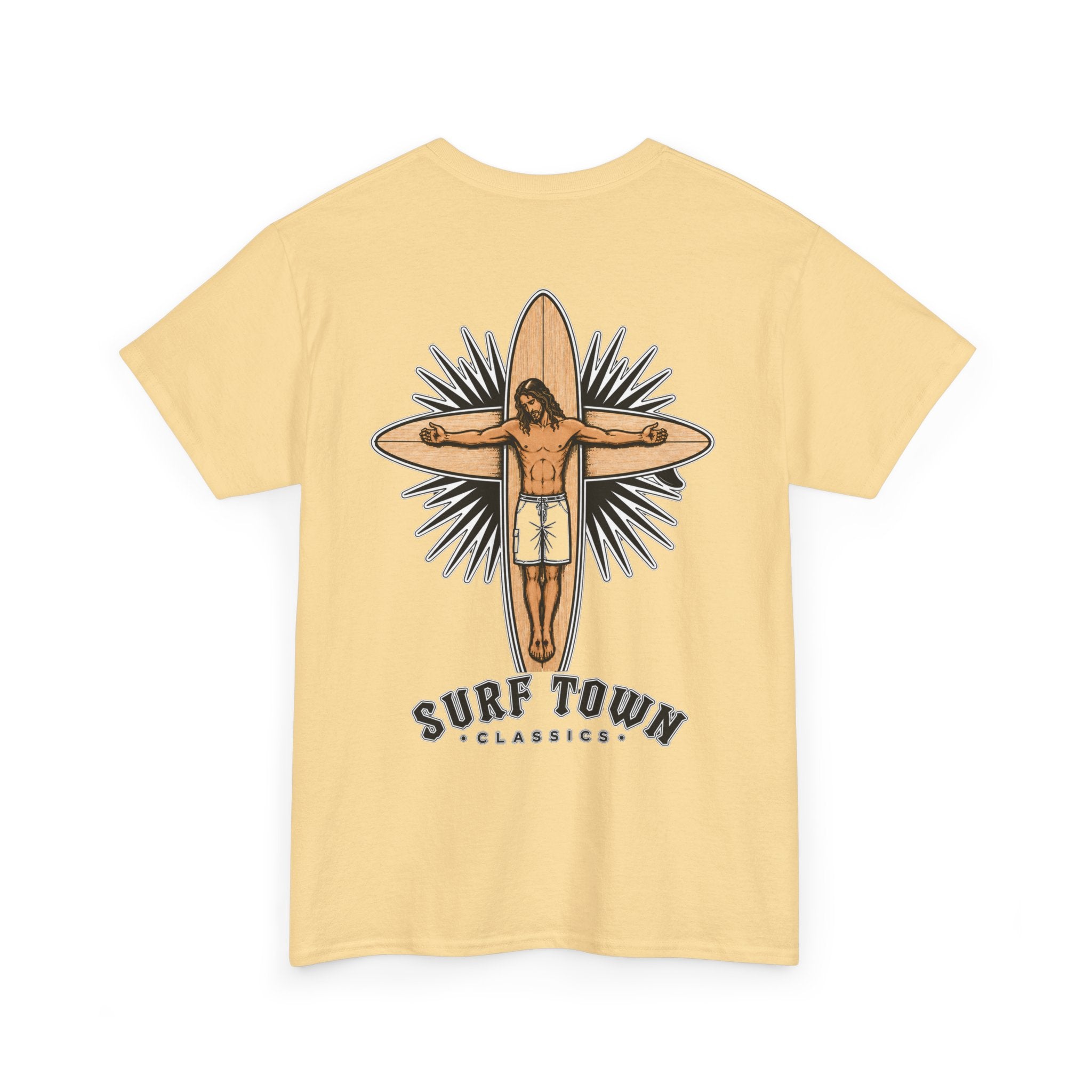 The Religion of Surfing -Surf Town Classics Tee — Surfboard Jesus Design T-Shirt