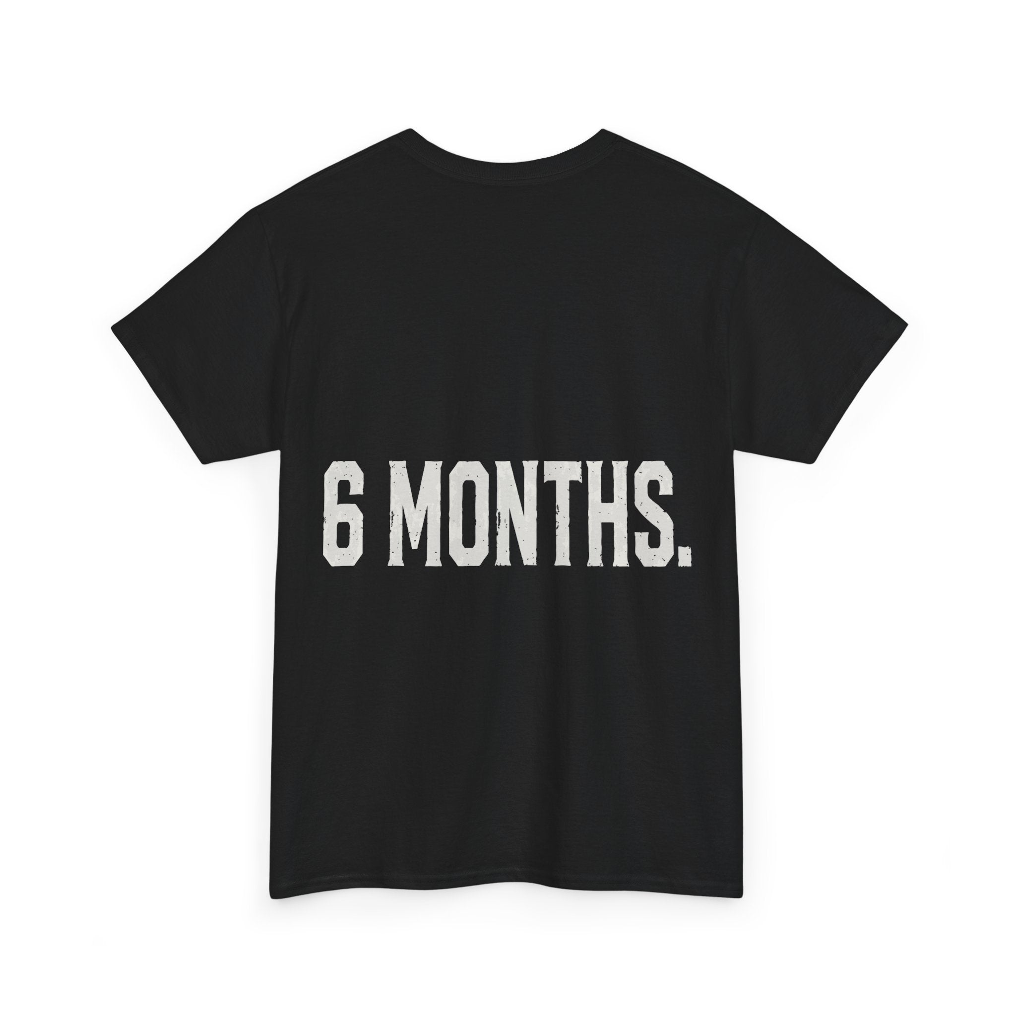 Conspiracy Theory Tee — Vintage Red Text Graphic T-Shirt (Back: “6 Months.”)