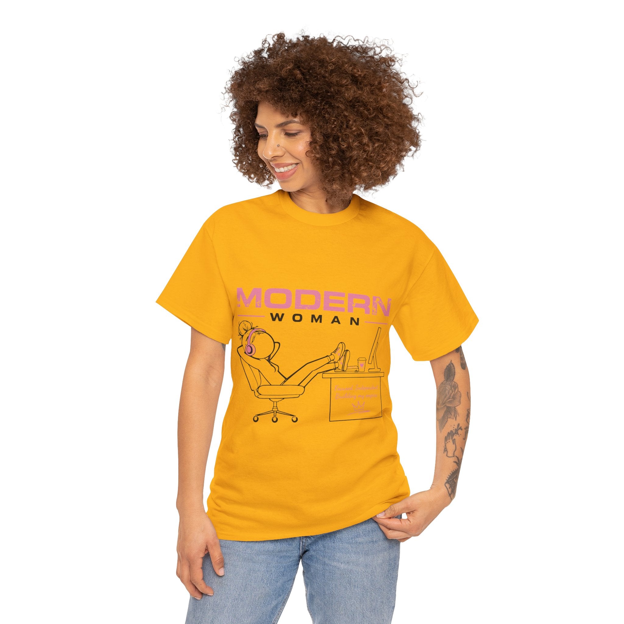 Modern Woman Tee — Feminine Graphic Cotton T‑Shirt ("Modern Woman" Desk Illustration)