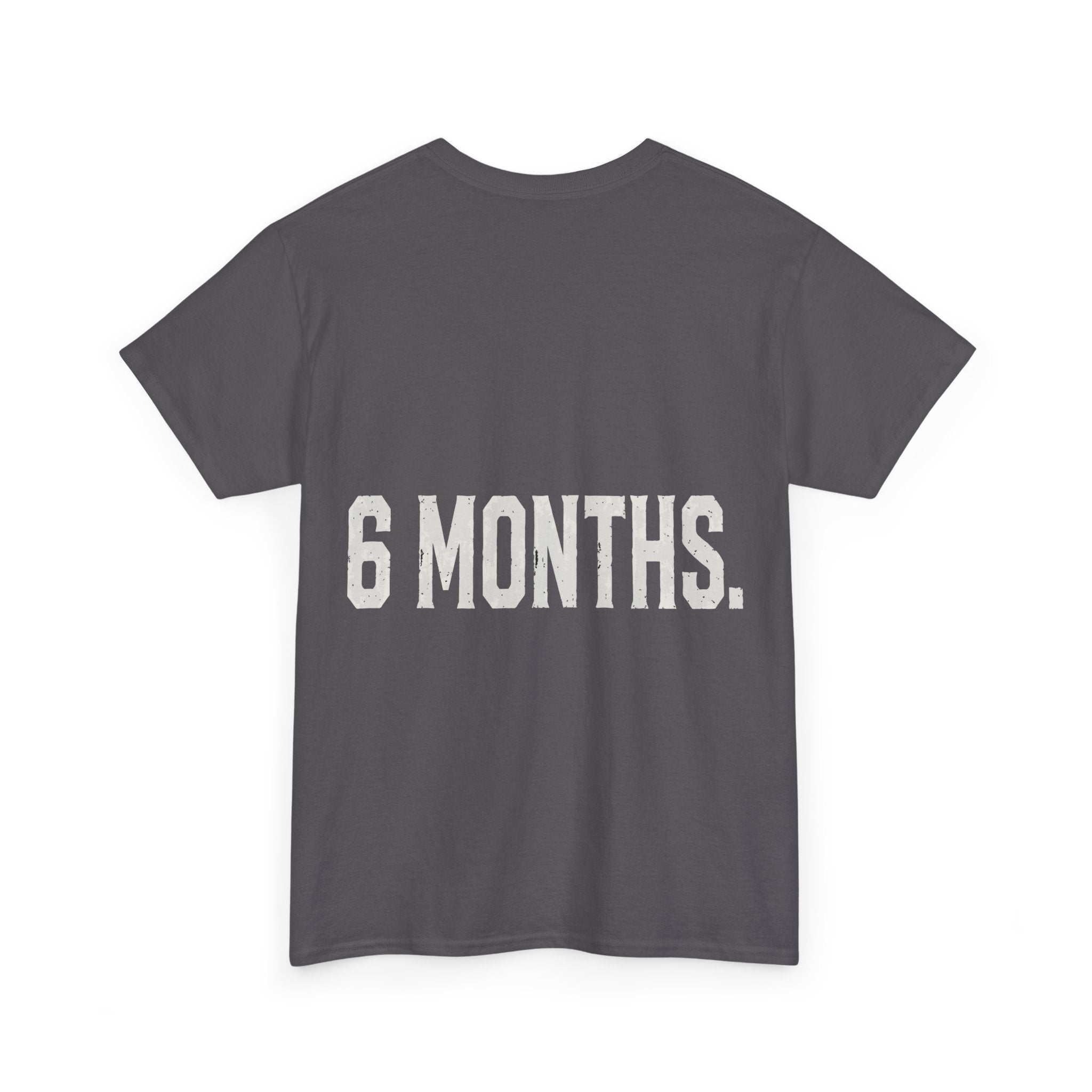 Conspiracy Theory Tee — Vintage Red Text Graphic T-Shirt (Back: “6 Months.”)